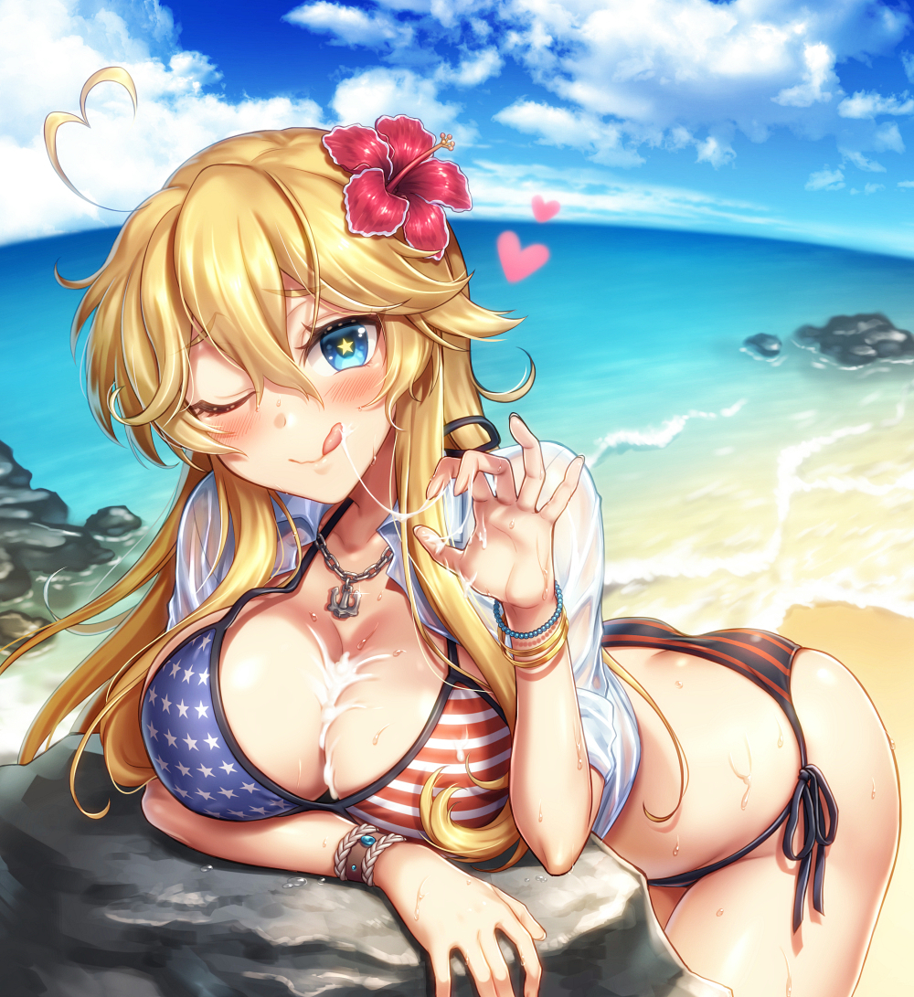 1girl ;q after_fellatio after_sex ahoge alternate_costume american_flag american_flag_bikini american_flag_bikini_top anchor_necklace arm_support ass bangle bangs beach bent_over big_breasts bikini blonde_hair blue_eyes blush bracelet breasts butt_crack cleavage closed_mouth collarbone cum cum_on_breasts day fellatio_gesture female_only fisheye flag_bikini flag_print flower glint hair_flower hair_ornament heart heart_ahoge hibiscus horizon iowa_(kantai_collection) jewelry kantai_collection large_breasts long_hair looking_at_viewer mika_(1020mk) mismatched_bikini necklace ocean one_eye_closed open_clothes open_shirt outside pearl_bracelet pendant raised_eyebrows rock see-through shiny shiny_hair shirt short_sleeves side-tie_bikini_bottom sidelocks smile solo solo_female star-shaped_pupils star_(symbol) star_print star_pupils striped striped_bikini striped_bikini_bottom sweat swimsuit symbol-shaped_pupils tongue tongue_out water wet wet_clothes wet_shirt white_shirt wristband