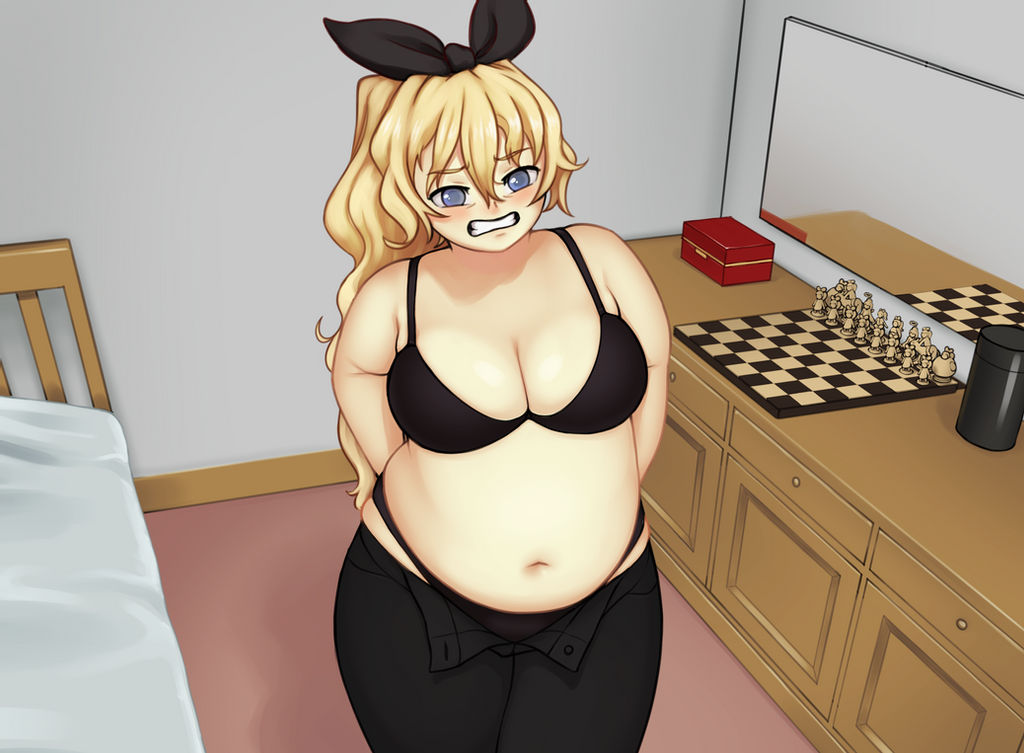 bbw better_with_salt blonde_hair bow chess chubby katawa_shoujo large_belly large_breasts satou_lilly small_clothes thick_thighs tight_clothing weight_gain wide_hips