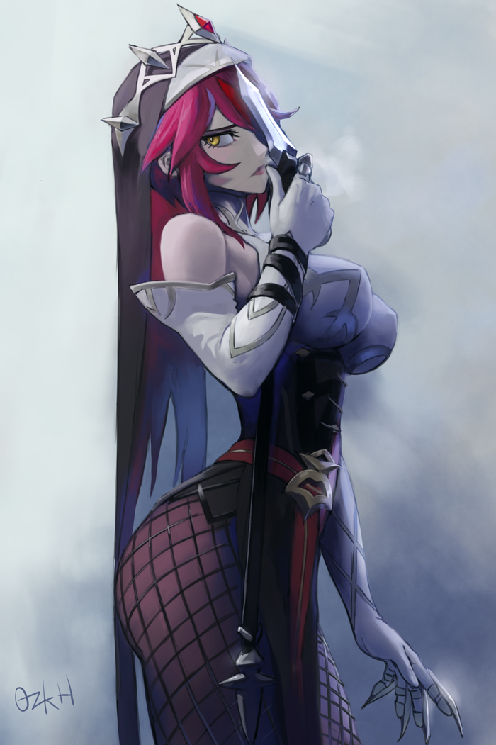 1girls, big breasts, breasts, clothed, clothed female, curvy, curvy figure, dagger, female, female only, genshin impact, holding object, large breasts, looking at viewer, nun, ozkh, red hair, rosaria (genshin impact), sfw, solo, solo female, thick, weapon, yellow eyes
