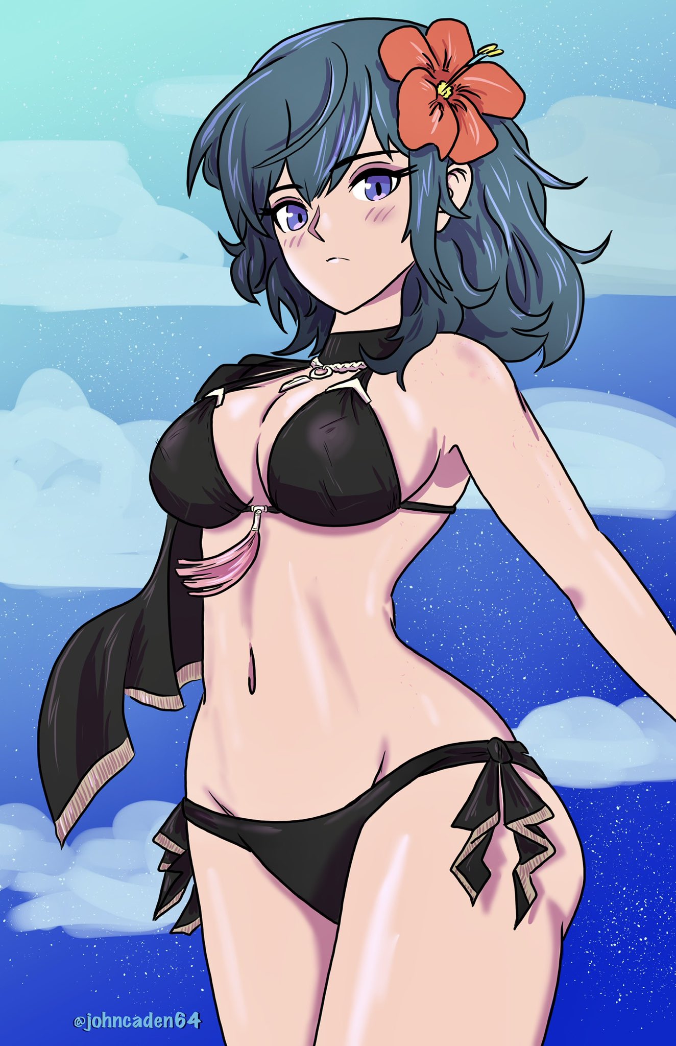 1girls alternate_costume bikini black_bikini black_swimsuit blue_eyes blue_hair breasts byleth_(fire_emblem) byleth_(fire_emblem)_(female) byleth_(summer)_(fire_emblem)_(female) cape cleavage female fire_emblem fire_emblem:_three_houses fire_emblem_heroes flower flower_in_hair hair_flower hibiscus johncaden large_breasts light_skin looking_at_viewer medium_hair nintendo red_flower sideboob solo swimsuit teal_hair