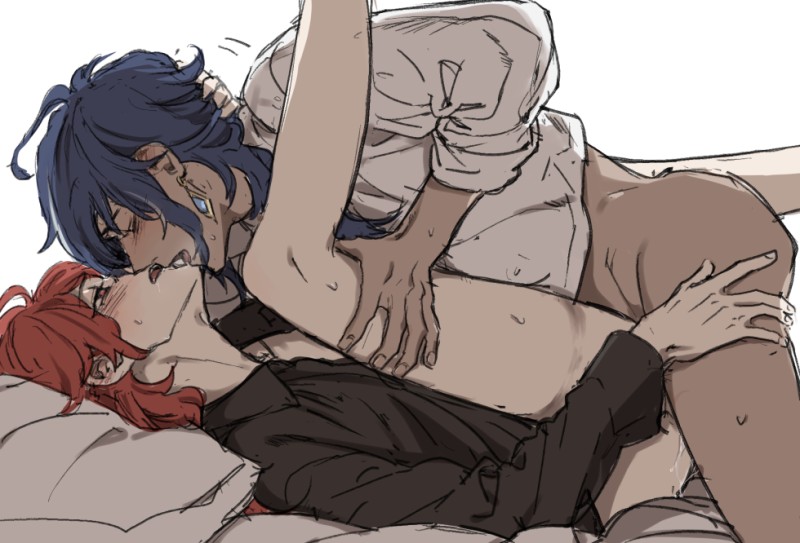 adoptive siblings, artist request, blue hair, blush, brother, brother and brother, brothers, cum, cum inside, dark skin, dark-skinned male, diluc (genshin impact), eye patch, gay, genshin impact, half-dressed, kaeya (genshin impact), light skin, light-skinned male, long hair, male, male only, red eyes, red hair, sex, step brother, yaoi