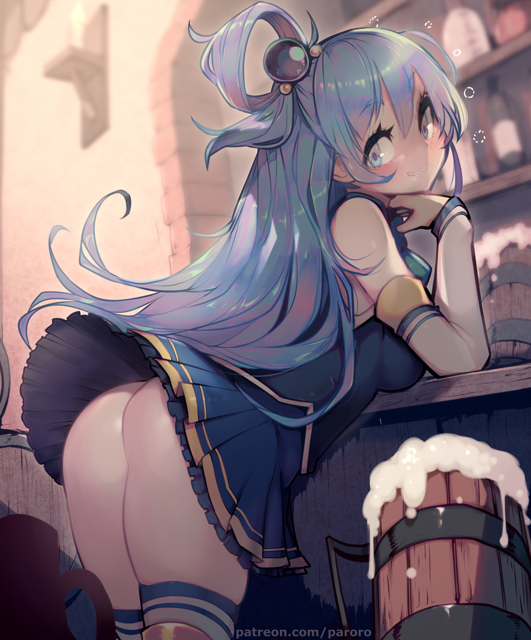 1girls, 2021, aqua (konosuba), ass, bar, beer, blue eyes, blue hair, blush, drunk, exposed ass, female, goddess, hair ornament, kono subarashii sekai ni shukufuku wo!, looking back, no panties, parororo, presenting hindquarters, smile, solo, solo female, upskirt, wind lift