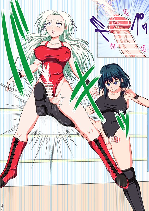 2futas ballbusting ballbusting_orgasm balls blue_hair byleth_(fire_emblem) byleth_(fire_emblem)_(female) cbt clothed clothing cock_and_ball_torture cum cumshot duo edelgard_von_hresvelg ejaculation fire_emblem fire_emblem:_three_houses futa_only futanari futanari_ballbusting futasub hands-free handsfree_ejaculation kicking kicking_balls leotard light-skinned_futanari light_skin neomachinejoe nintendo pale_skin partially_clothed penis ruined_orgasm standing tamakeri white_hair wrestling