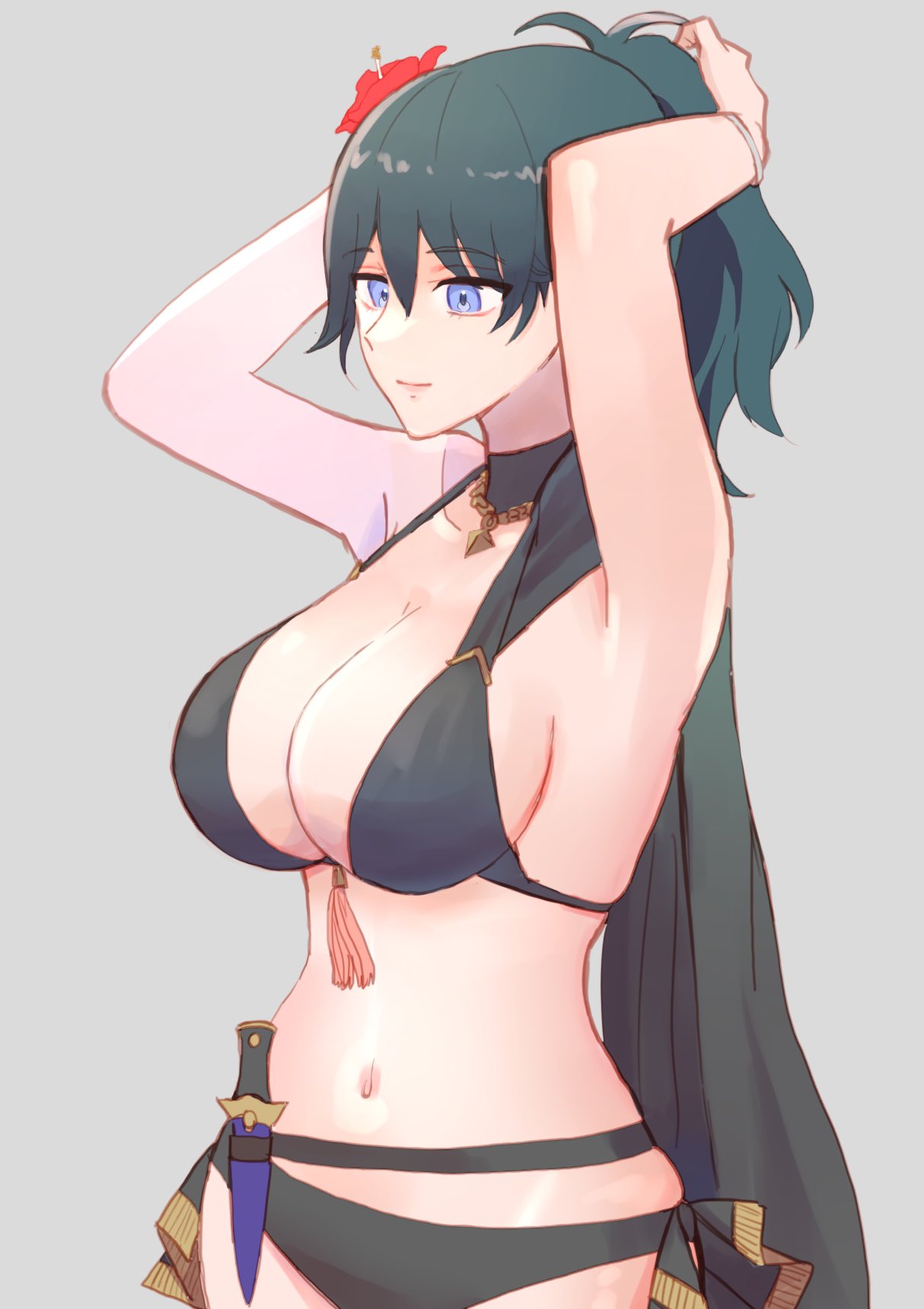 1girls, alternate costume, alternate hairstyle, bikini, black bikini, black swimsuit, blue eyes, blue hair, breasts, byleth (fire emblem), byleth (fire emblem) (female), cape, cleavage, dagger, female, fire emblem, fire emblem heroes, fire emblem: three houses, flower, flower in hair, grey background, knife, large breasts, lipstick, medium hair, nintendo, pale skin, ponytail, rakitarou, sideboob, smile, solo, solo female, swimsuit, teal hair, tied hair, tying hair, weapon, yukiyanagi raki