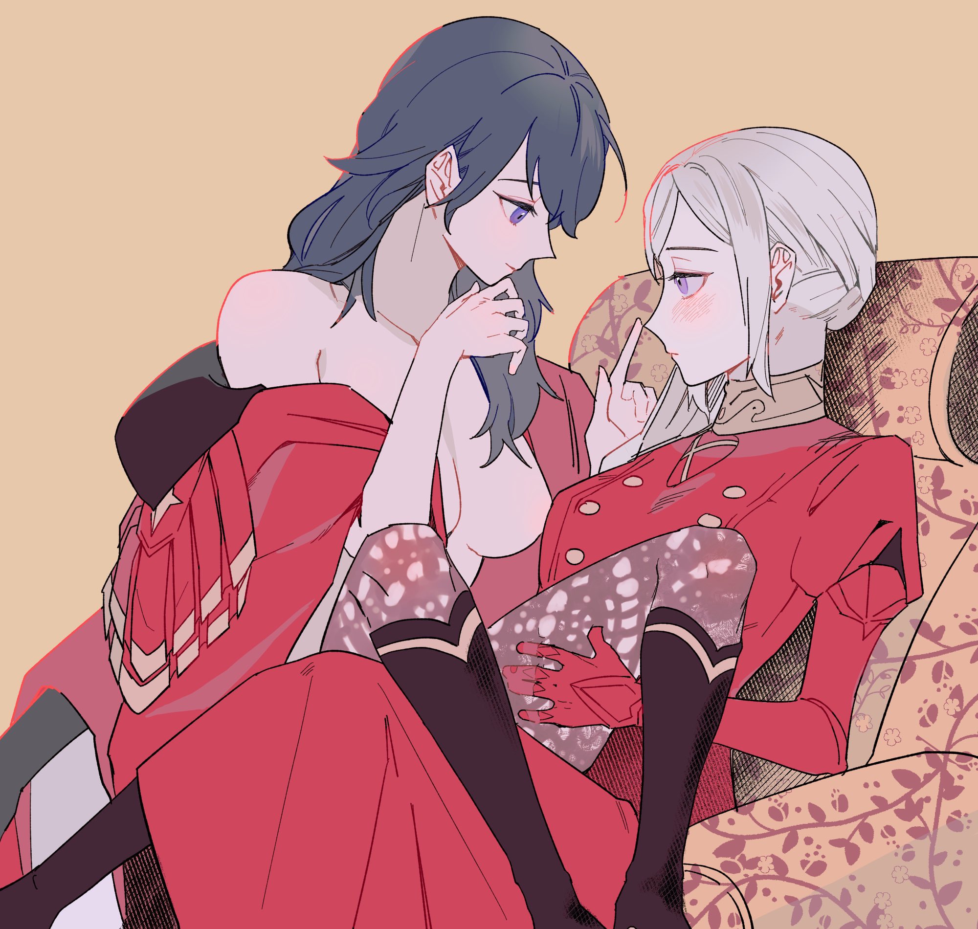 2girls, bang gu9, blue eyes, blush, breasts, byleth (fire emblem), byleth (fire emblem) (female), edelgard von hresvelg, female, finger gun, fire emblem, fire emblem: three houses, green hair, gu9, highres, leggings, long hair, medium breasts, multiple females, multiple girls, nintendo, ponytail, post-timeskip, purple eyes, side ponytail, teal hair, topless, white hair, yuri