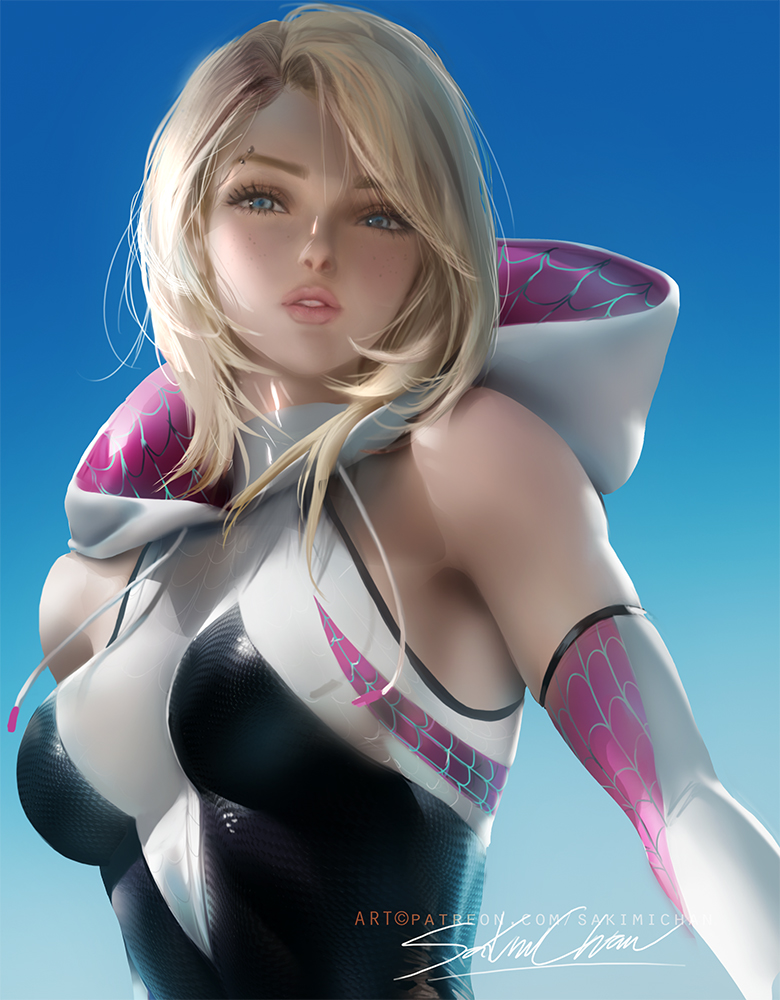 1girls, adorable, bare shoulders, blonde hair, blue eyes, breasts, clothed, cute, female, female only, fully clothed, gwen stacy, hoodie, marvel, marvel comics, medium breasts, piercing, sakimichan, skin tight, solo, solo female, spider-gwen, spider-man (series), tagme
