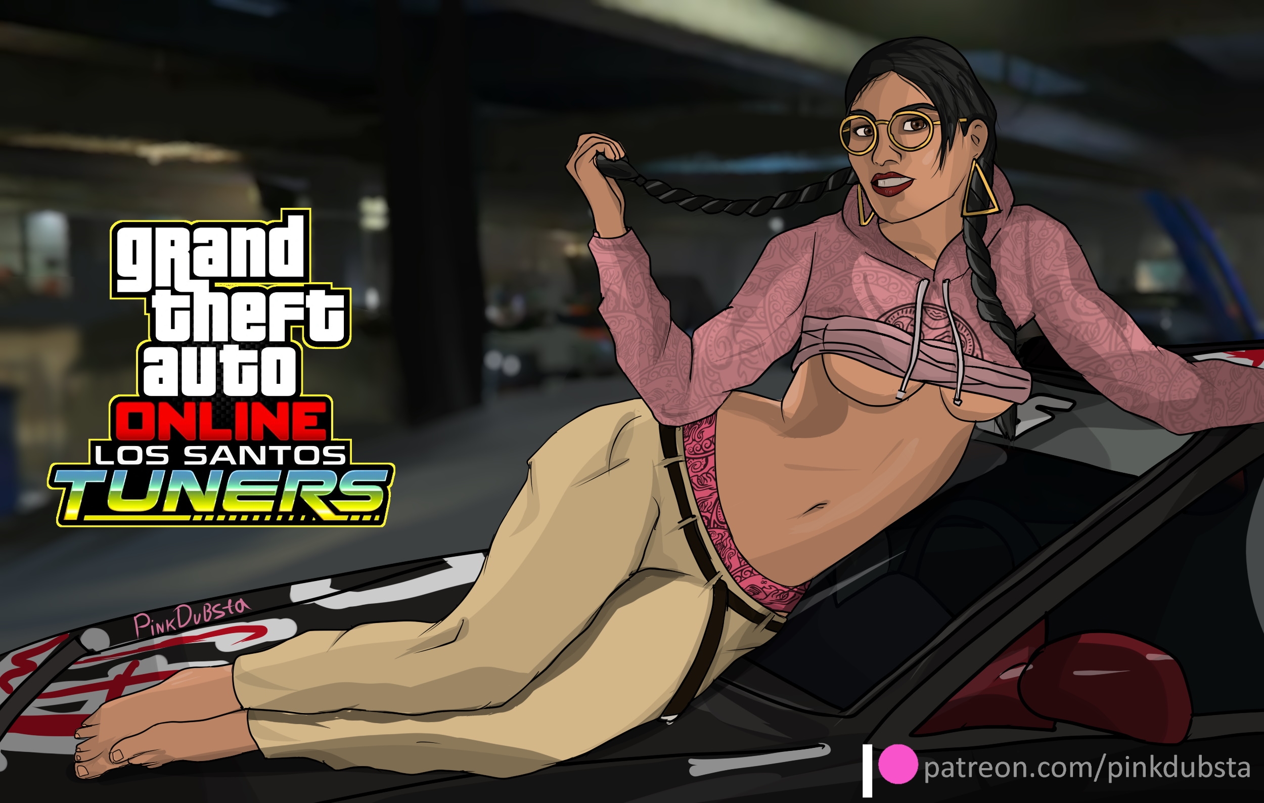 1girls, black hair, breasts, brown eyes, car, dark skin, dark-skinned female, earrings, feet, female, female only, glasses, grand theft auto, grand theft auto online, grand theft auto v, hoodie, looking at viewer, mimi (gta online), panties, pink dubsta, playing with hair, playing with own hair, solo, twintails, underboob