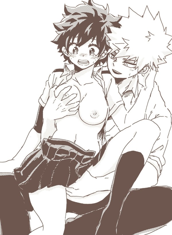 1boy, 1girls, black and white, blush, breasts, female, female deku, fingering, freckles, genderswap, genderswap (mtf), grabbing, grabbing breasts, izuku midoriya, katsuki bakugou, male, my hero academia, no color, open mouth, open shirt, rule 63, sitting on lap, skirt, spiky hair, tears
