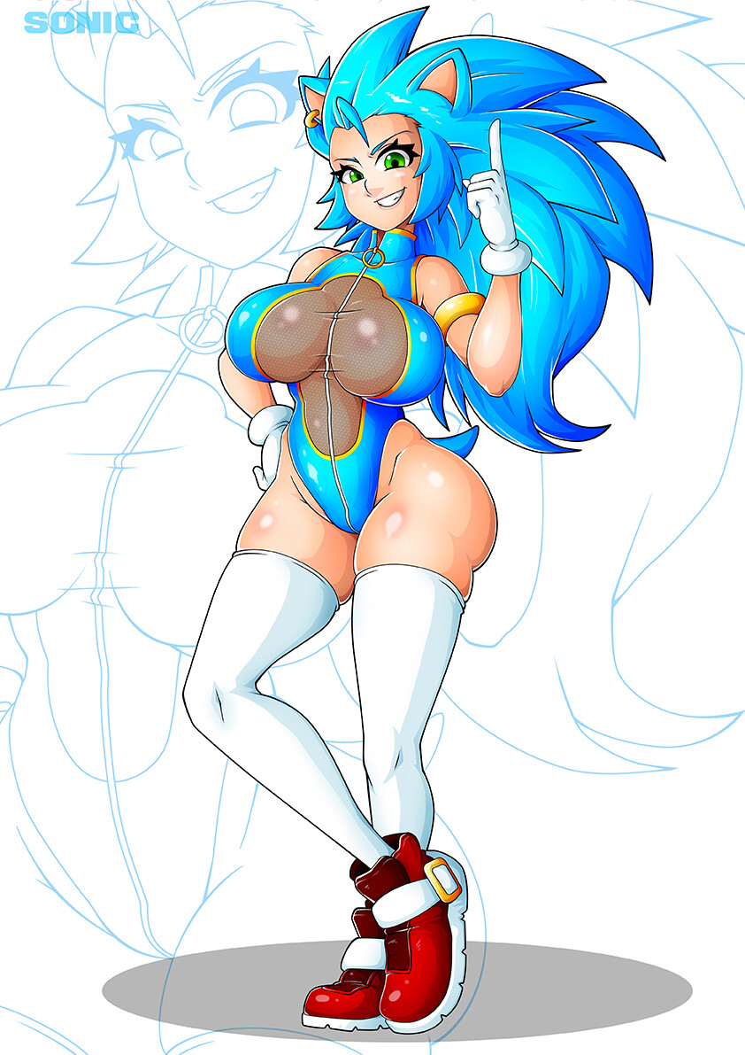 1girls, big breasts, blue hair, boots, breasts, cleavage, clothed female, clothing, female, female focus, female only, gloves, hedgehog, highleg leotard, hourglass figure, huge breasts, humanized, leotard, long hair, rule 63, sanic the hedgehog, smile, sonic (series), sonic the hedgehog, sonique the hedgehog, spiky hair, thick thighs, thighhighs, tight clothing, tight fit, wide hips, witchking00