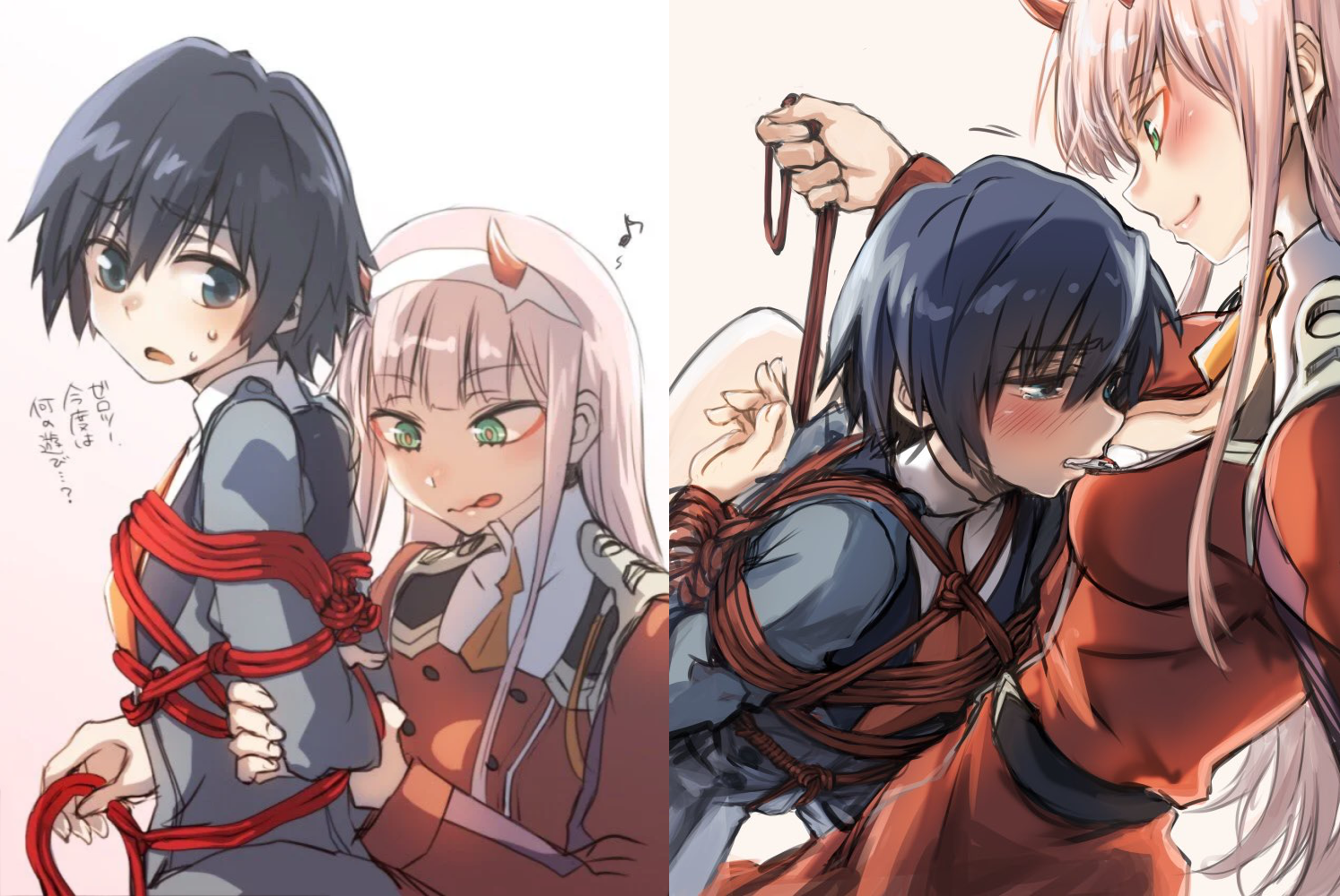 1boy, 1girls, arms behind back, biting clothes, black hair, blue eyes, blush, bondage, couple, darling in the franxx, domination, duo, eyebrows visible through hair, female, femdom, green eyes, hairband, herozu (xxhrd), hiro (darling in the franxx), horns, long hair, male, malesub, military, military uniform, necktie, no legwear, oni horns, opening shirt, pink hair, red neckwear, restrained, rope, rope bondage, short hair, straight, uniform, unzipping, zero two (darling in the franxx)