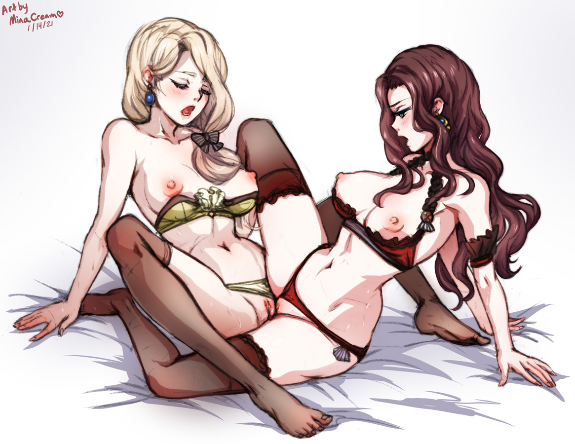 2021, 2girls, blonde hair, bra, breasts, breasts out, brown hair, closed eyes, dorothea arnault, earrings, female, female only, fire emblem, fire emblem: three houses, green eyes, hair over shoulder, lingerie, long hair, medium breasts, mercedes von martritz, minacream, multiple females, multiple girls, nintendo, nipples, panties, pussy, red panties, scissoring, sex, side ponytail, sweat, thighhighs, tribadism, yellow panties, yuri