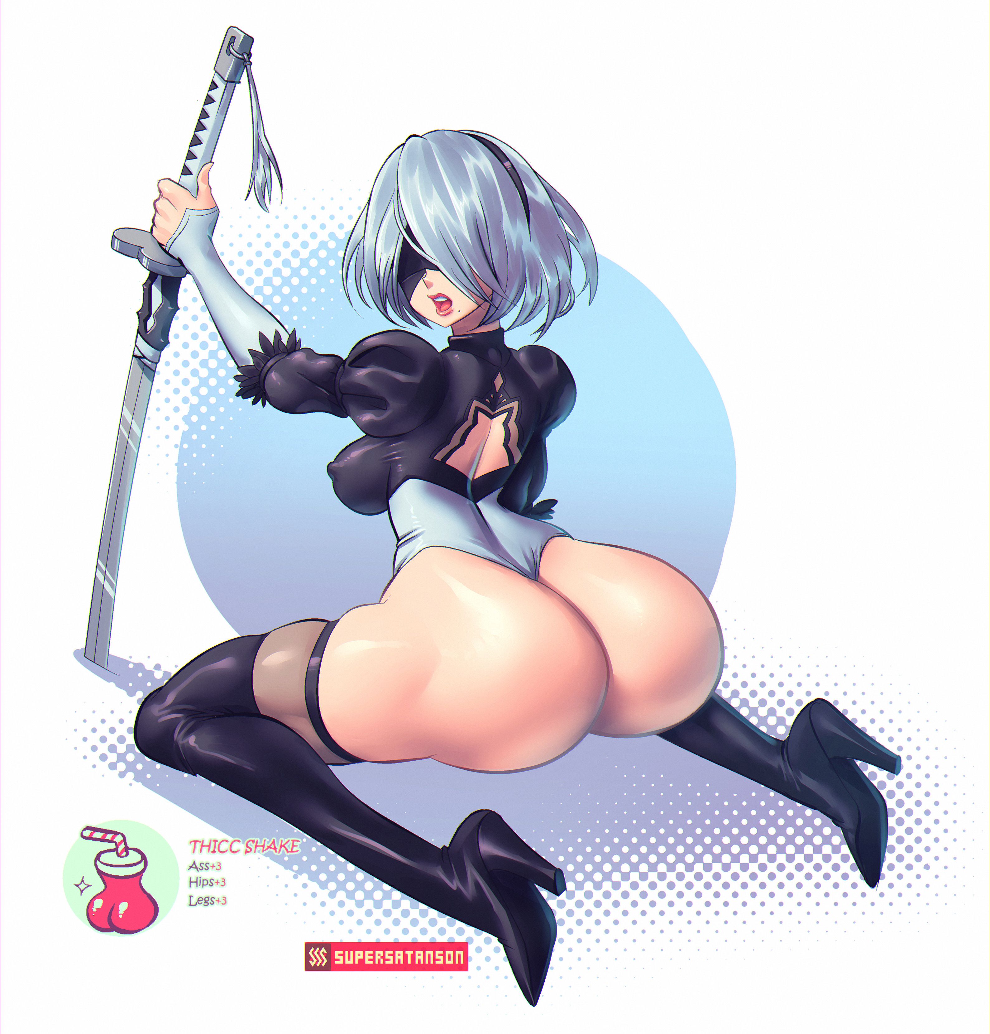 1girls, absurdres, ass, big ass, breasts, cleavage, female, female only, high heels, highres, huge ass, nier, nier: automata, silver hair, solo, supersatanson, thicc shake, thighhighs, wariza, yorha 2b