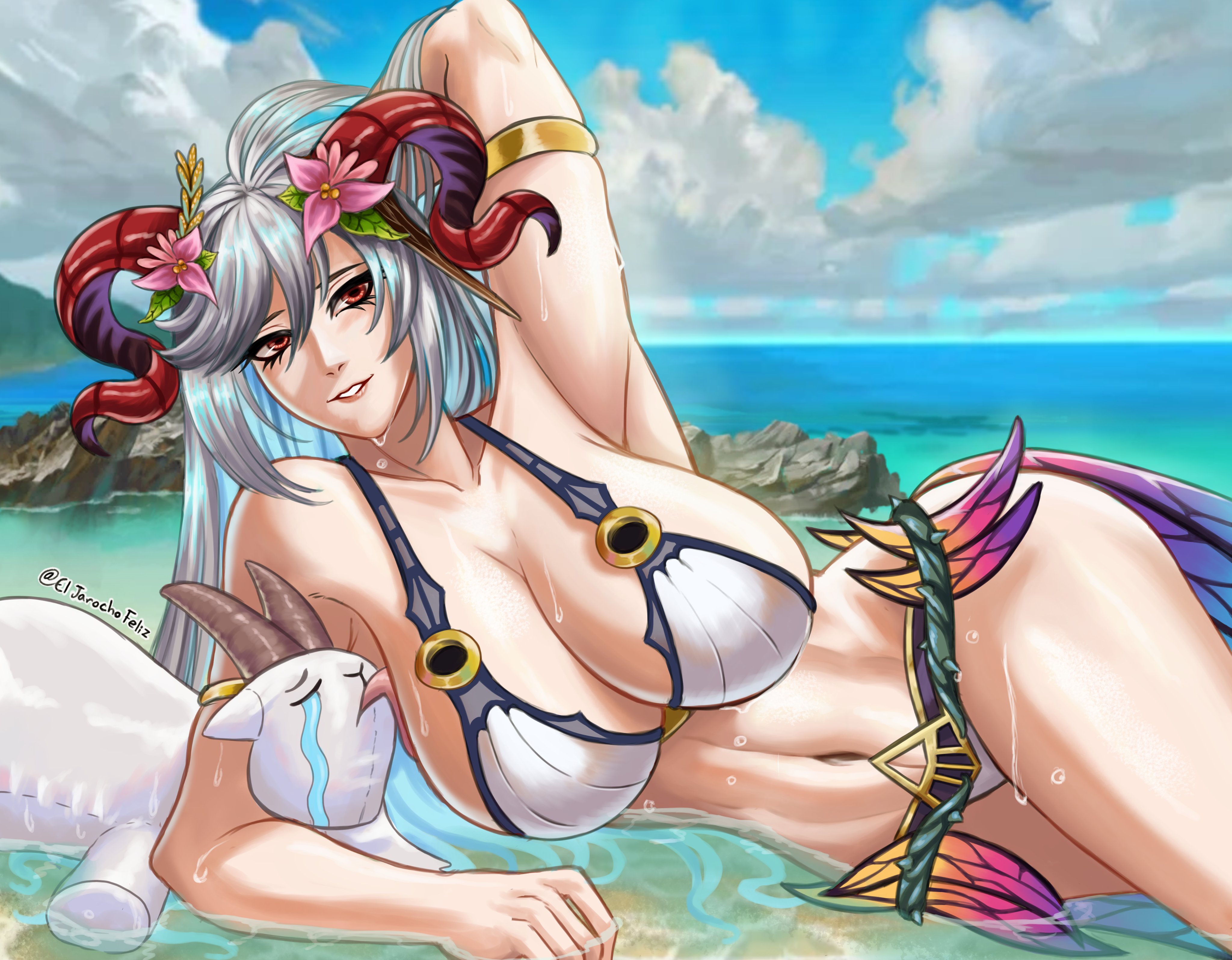 1girls, alternate costume, arm behind head, arm up, armpit, armpits, bare arms, bare midriff, bare shoulders, bare thighs, beach, big breasts, bikini, blue hair, breasts, child bearing hips, cleavage, eljarochofeliz, female, female only, fire emblem, fire emblem heroes, freyja (fire emblem), horns, hourglass figure, huge breasts, large breasts, licking, licking breast, long hair, lying down, lying on side, multicolored hair, navel, nintendo, ocean, on side, partially submerged, plushie, pose, posing, red eyes, red horns, sea, seaside, sideboob, smile, smiling, solo, solo female, swimsuit, thick thighs, thighs, water, wet, white bikini, white hair, white swimsuit, wide hips