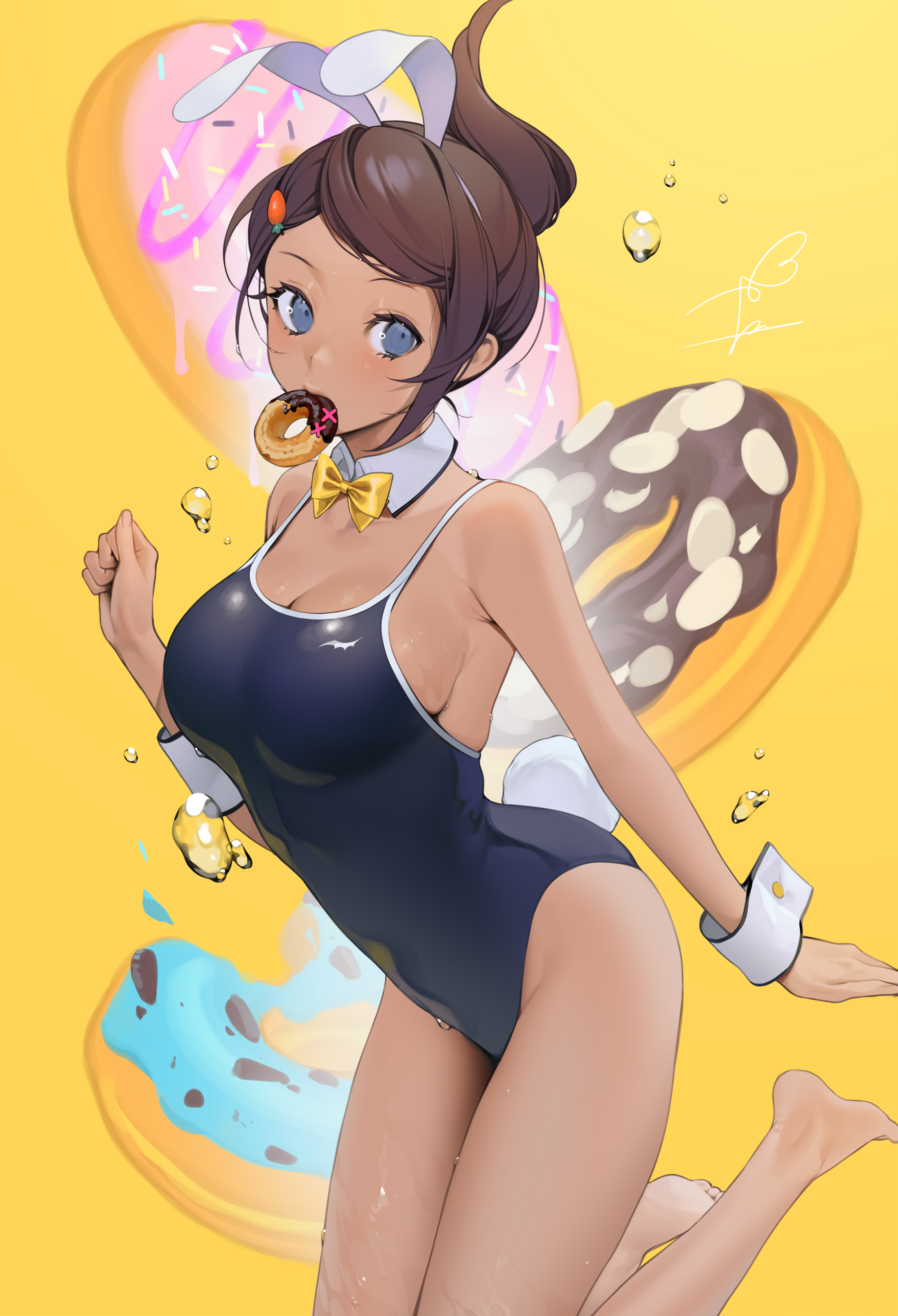 1girls, asahina aoi, big breasts, blue eyes, breasts, brown hair, cleavage, color, colored, danganronpa, danganronpa: trigger happy havoc, doughnut, eating, female, female focus, female only, hair ornament, high resolution, highres, ohisashiburi, one-piece swimsuit, pose, posing, solo, solo female, solo focus, straight hair, swimsuit, tan skin, water, yellow background