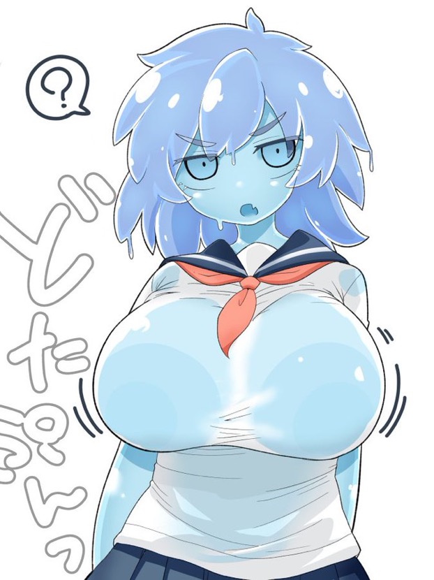 big breasts, blue body, breasts, dakkoku jiro, female, looking at viewer, monster girl, school uniform, seifuku, slime, slime girl, tagme, wet clothes, white shirt