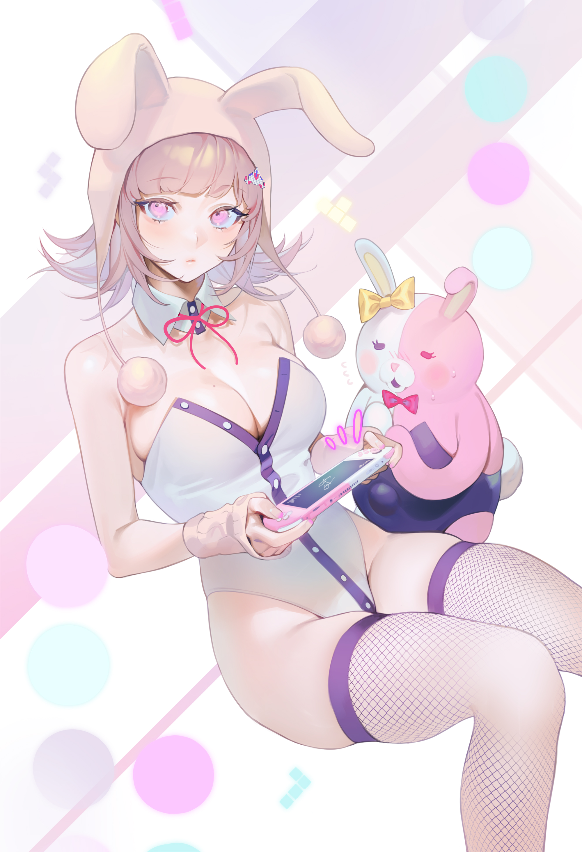 1girls, big breasts, breasts, bunny ears, bunnysuit, cleavage, color, danganronpa, danganronpa 2: goodbye despair, detached collar, female, female focus, female only, fishnets, fully clothed, hair ornament, high resolution, highres, holding object, leotard, light skin, light-skinned female, looking at viewer, mole on breast, monomi (danganronpa), nanami chiaki, nintendo switch, ohisashiburi, pale skin, pink background, pink eyes, revealing clothes, solo focus, stockings, straight hair, thighhighs, thighs