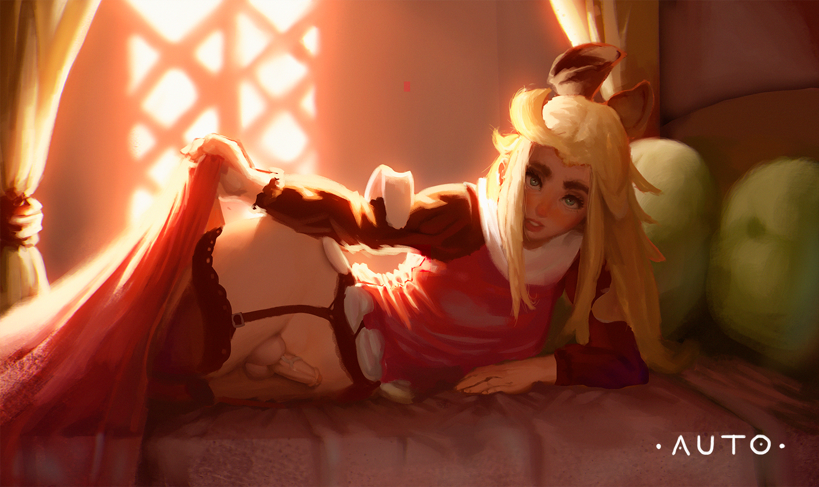 1futa, automat-on, balls, bed, blanket, blonde hair, bottomless, clothed, clothing, detailed background, fishnet stockings, fishnets, futa only, futanari, garter belt, garter straps, get in bed (meme), hair ribbon, human, in bed, intersex, inviting under covers, light skin, light-skinned futa, looking at viewer, lying, lying in bed, lying on bed, lying on side, on side, pale skin, partially clothed, penis, solo, solo futa, thighhighs, under blanket, under covers, veiny penis, wide hips