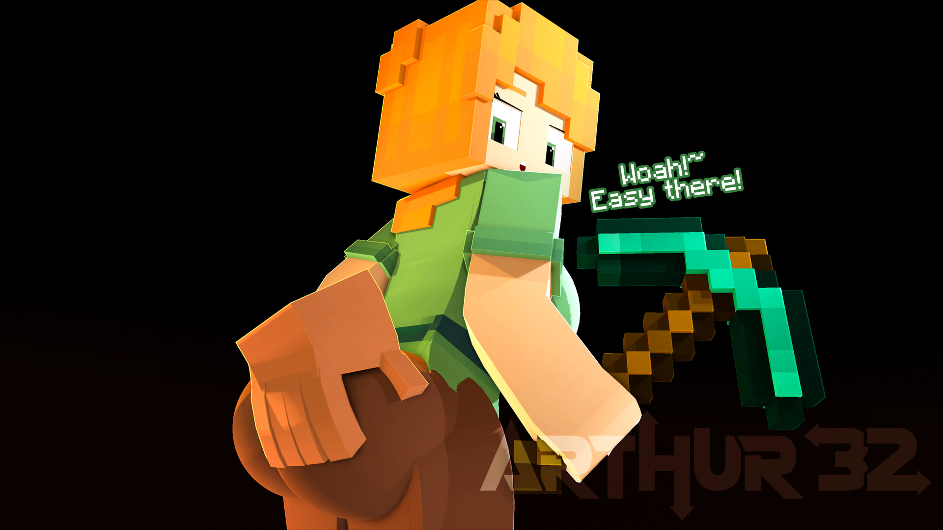 1boy, 1girls, 3d, alex (minecraft), arthur32, ass, clothed, dialogue, disembodied hand, female, female focus, ginger, hand on ass, hand on butt, light skin, light-skinned female, looking back, male, mine-imator, minecraft, nonude, orange hair, pants, pickaxe, square body, tagme, text