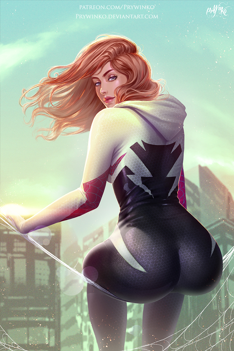 1girls, ass, big ass, blonde hair, bodysuit, female, female only, fully clothed, gwen stacy, huge ass, looking at viewer, looking back, marvel, marvel comics, prywinko, solo, solo female, spider-gwen, spider-man (series), superheroine, thick, thick ass, tight clothing