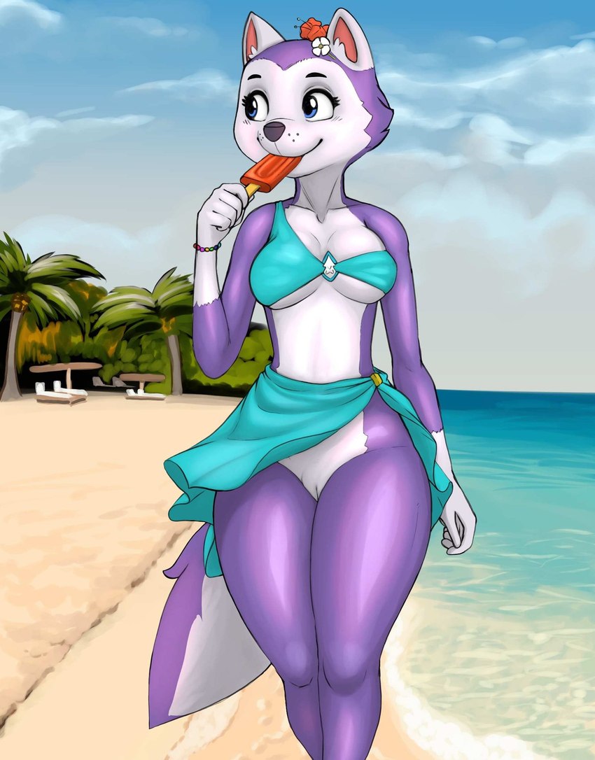 anthro beach blue_body blue_eyes blue_fur canid canine canis clothed clothing detailed_background diacordst domestic_dog everest_(paw_patrol) female food fur genitals hi_res husky mammal nordic_sled_dog partially_clothed paw_patrol popsicle presenting presenting_pussy pussy seaside smile solo spitz