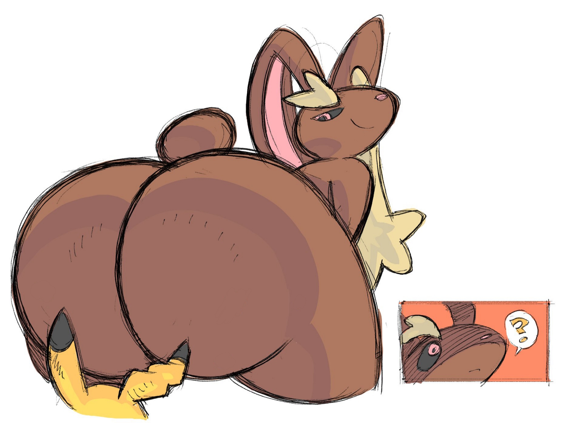 ?, 1boy, 1girls, ass, female, furry, huge ass, larger female, lopunny, male, mimikyu, nintendo, nondelismell, pikachu, pokémon (species), pokemon, pokemon (species), size difference, smaller male, video games