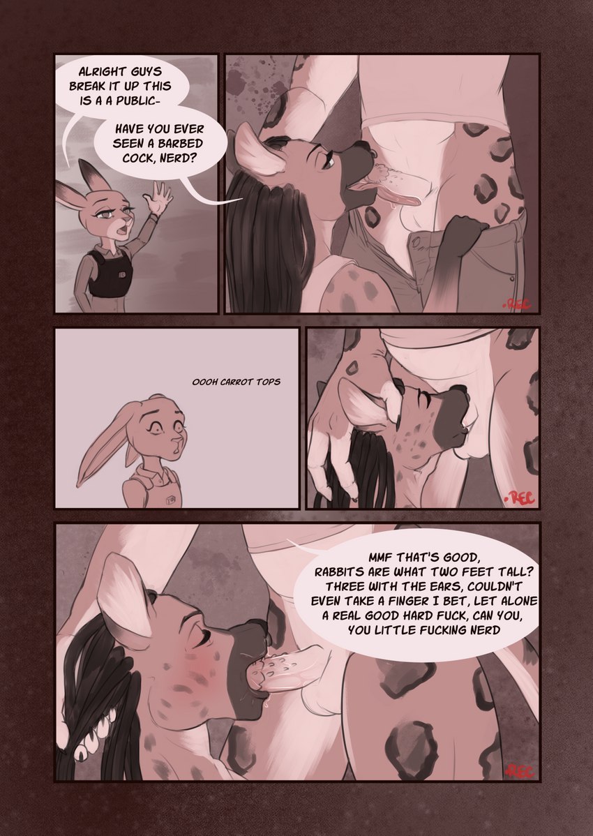 anthro clothing comic digital_media_(artwork) disney english_text felid female genitals hi_res hyaenid judy_hopps lagomorph leporid male mammal oral oral_penetration pantherine penetration penile_spines penis profanity rabbit snow_leopard text utouchmyweird zootopia