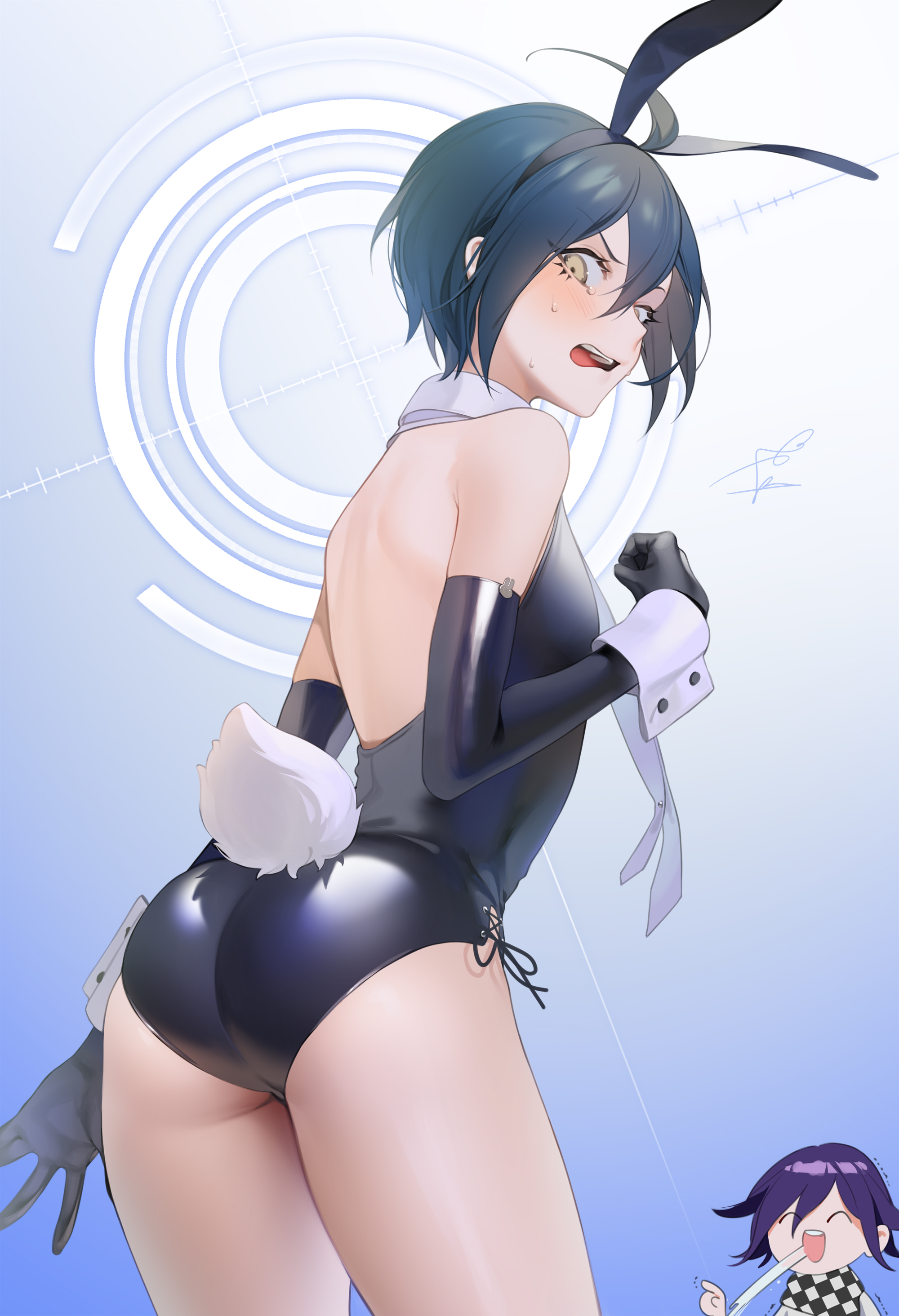 1boy, ass, ass focus, back view, blue background, blue hair, blush, bunny boy, bunny ears, bunny tail, bunnysuit, color, colored, danganronpa, danganronpa v3, femboy, flustered, furrowed eyebrows, high resolution, highres, light skin, light-skinned male, looking at viewer, male, male focus, male only, ohisashiburi, open mouth, ouma kokichi, pale skin, revealing clothes, saihara shuuichi, shiny clothes, solo male, straight hair, sweatdrop, tight clothing
