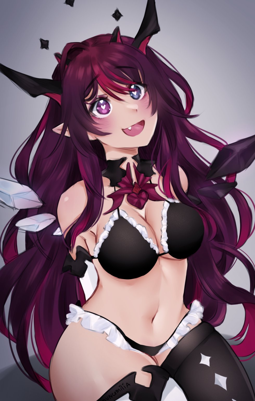 1girls, bikini, blush, breasts, female, female only, heart-shaped pupils, heterochromia, hololive, hololive english, hololive english -promise-, horn, irys, irys (hololive), light skin, maid bikini, navel, ouncemilia, pointy ears, purple hair, thick thighs, thighhighs, virtual youtuber