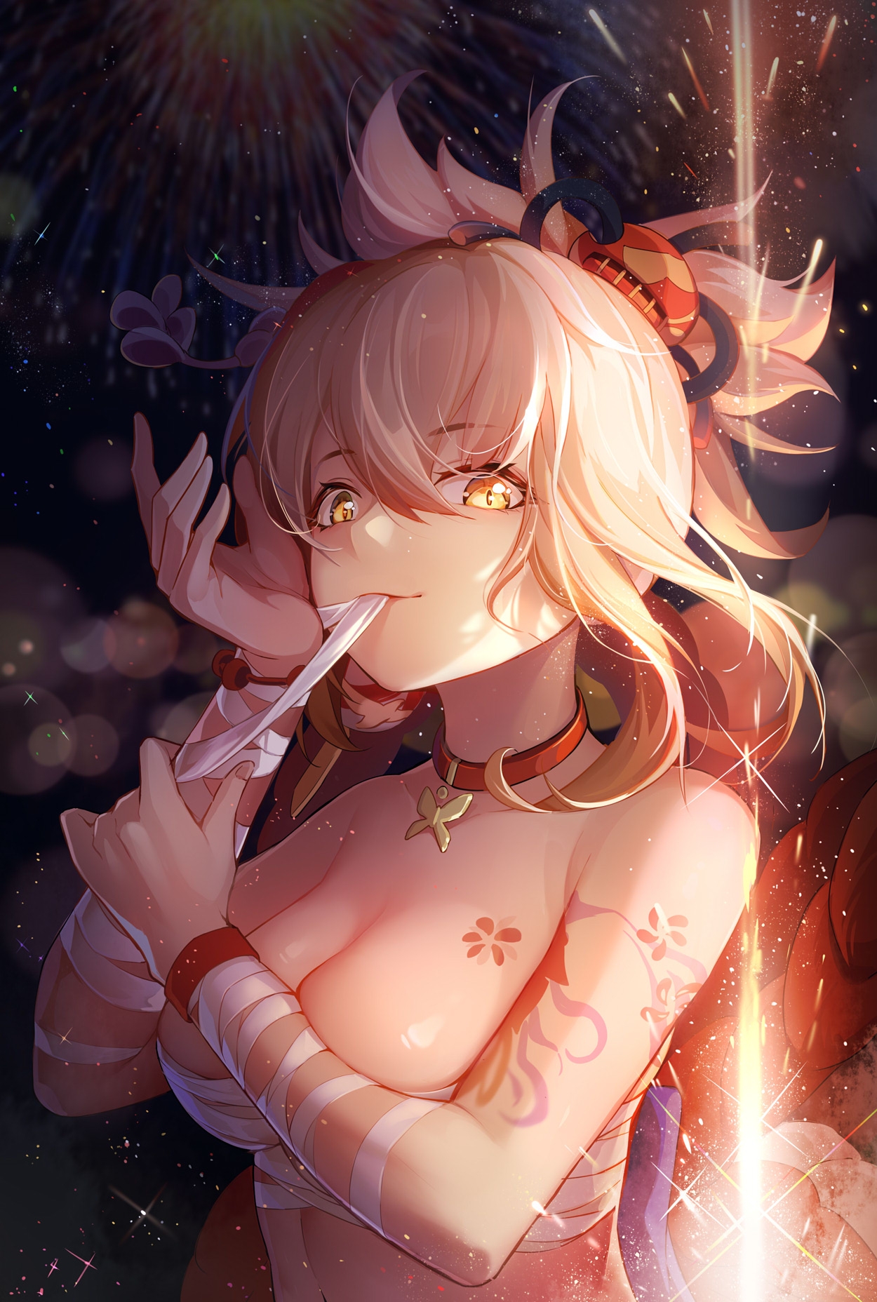 1girls, arm tattoo, bandage, bandages, bangs, bare shoulders, bead bracelet, beads, blonde hair, boobs, bracelet, breast tattoo, breasts, choker, cleavage, covered nipples, female, fireworks, genshin impact, hair ornament, highres, jewelry, looking at viewer, medium breasts, naked, sarashi, shimenawa, smile, smirk, solo, tattoo, upper body, xingqiba (974528265), yellow eyes, yellow hair, yoimiya (genshin impact)