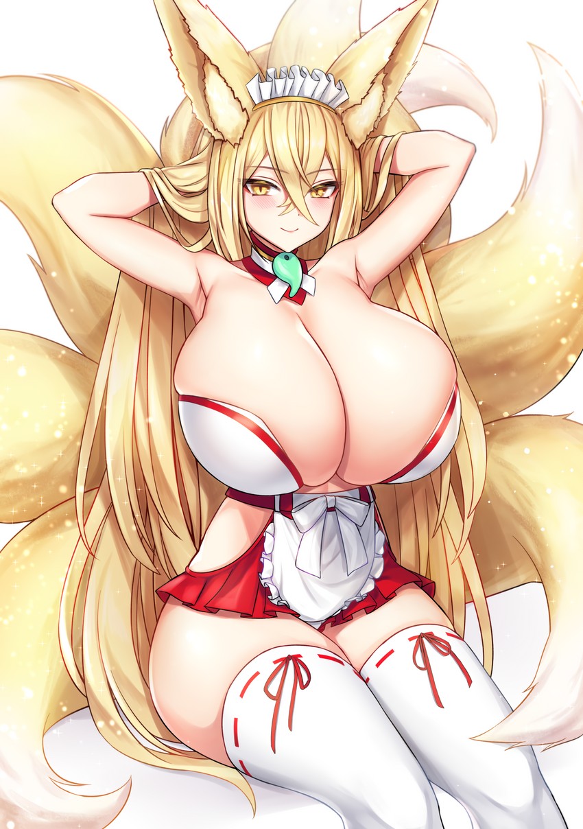 1girls apron bindong blonde_hair blonde_tail blush breasts breasts_out fox_ears fox_girl fox_tail hakama_skirt headband hirume_of_heavenly_incense large_breasts last_origin looking_at_viewer miko necklace smile thick_thighs thighhighs yellow_eyes