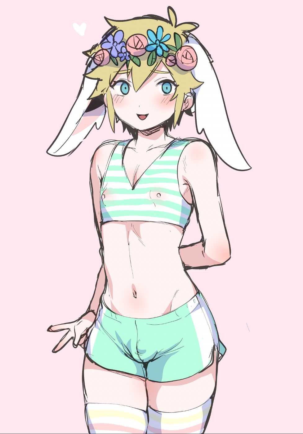 basil (omori), blonde hair, blush, bulge, bunny ears, echi echi tk, echigoya takeru, femboy, light skin, light-skinned femboy, light-skinned male, male, omori, shorts, solo, twink