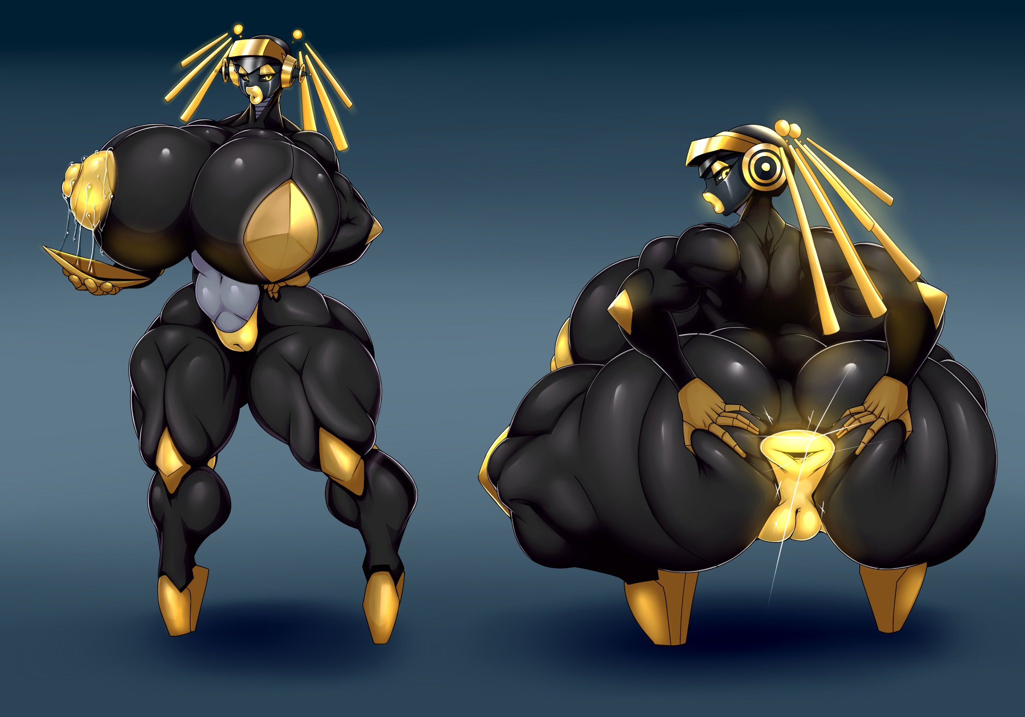1girls, ass, ber00, black body, black skin, breasts, completely nude, dark skin, female, female only, huge areolae, huge ass, huge breasts, muscular, nude, nude female, original character, robot, solo, tagme, thick thighs