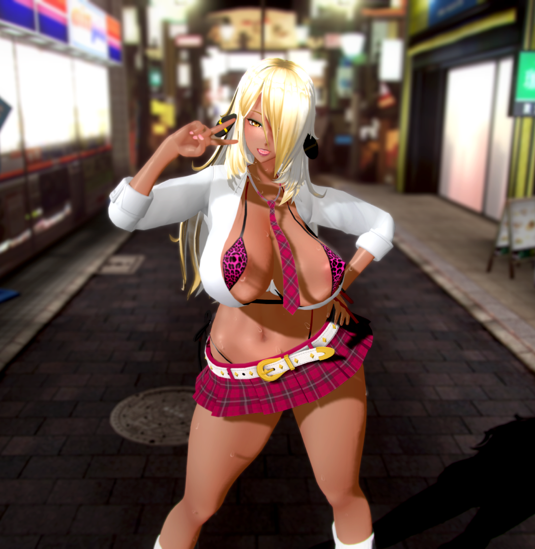 3d amesuku_gyaru areola_slip bikini blonde_hair breasts cleavage creatures_(company) custom_maid_3d_2 cynthia_(pokemon) dark_skin game_freak gyaru hair_ornament hair_over_one_eye hand_on_own_hip highleg huge_breasts kogal kuro_gyaru large_breasts leopard_print lipstick looking_at_viewer makeup micro_bikini microskirt midriff miniskirt navel necktie negakura_imu nintendo open_clothes open_mouth open_shirt pokemon pokemon_dppt public school_uniform skirt swimsuit tagme tan thong thong_above_skirt tongue tongue_out v very_long_hair yellow_eyes