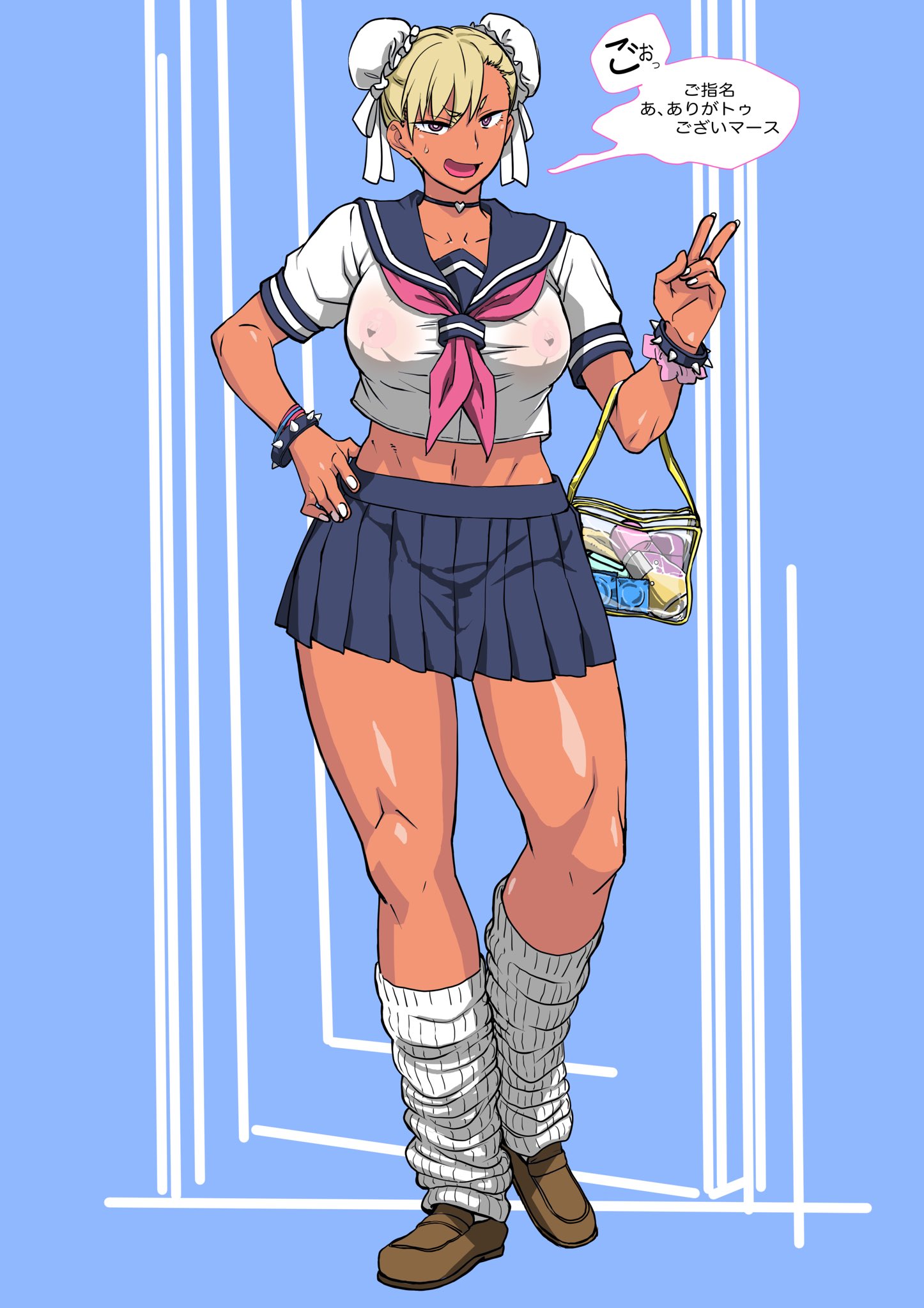 1girls, breasts, busty, capcom, chun-li, female, female focus, gyaru, hourglass figure, loose socks, makinaru, nipples visible through clothing, no bra, pokies, pubes, pubic hair, school uniform, schoolgirl, street fighter, tagme, tan, translation request, wide hips