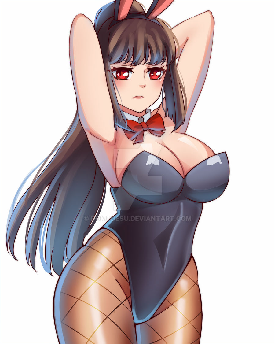 1girls, armpits, arms behind head, big breasts, black hair, blush, breasts, bunny ears, bunny girl, bunnysuit, busty, child bearing hips, cleavage, clothing, curvy, domudesu, female, female focus, female only, hi res, large breasts, long hair, looking at viewer, please don't bully me, nagatoro, pose, posing, president (nagatoro), purple hair, red eyes, sana sunomiya, simple background, solo, white background, wide hips