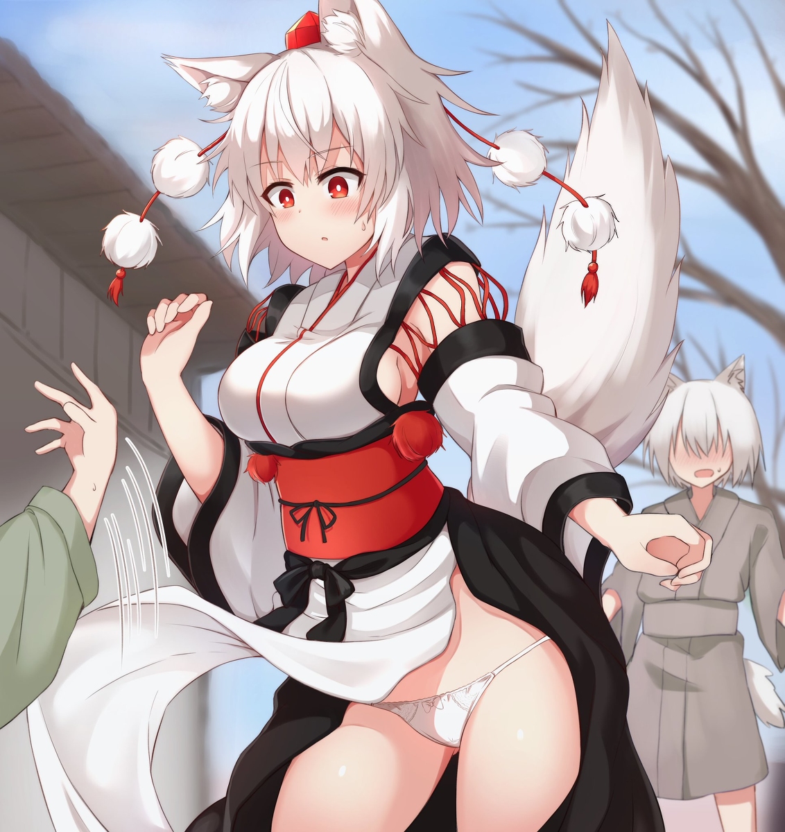 animal ears, assisted exposure, blush, bow panties, breasts, dress lift, female, momiji inubashiri, panties, public, red eyes, sideboob, standing, sweatdrop, tagme, tail, tksand, touhou, white hair, white panties, wolf ears, wolf girl, wolf tail