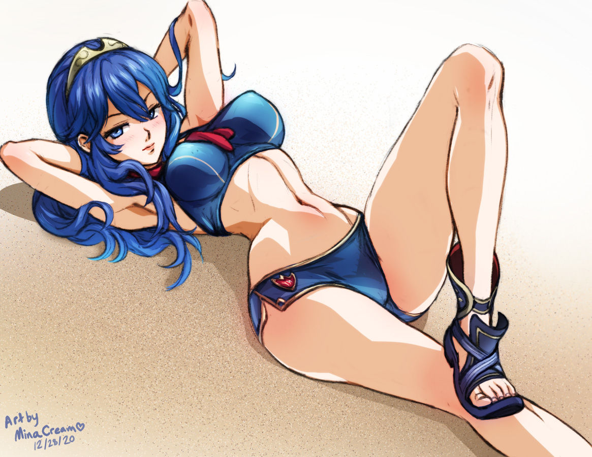 1girls, alternate costume, armpits, arms behind head, artist name, bare legs, bare midriff, bare shoulders, bikini, blue bikini, blue eyes, blue footwear, blue hair, blue swimsuit, breasts, cape, closed mouth, covered nipples, dated, female, fire emblem, fire emblem awakening, fire emblem cipher, hair between eyes, hourglass figure, long hair, looking at viewer, lucina (fire emblem), lying, medium breasts, minacream, nintendo, on back, on ground, pose, sand, sandals, seductive, solo, swimsuit, tiara, toenails, toes, wide hips