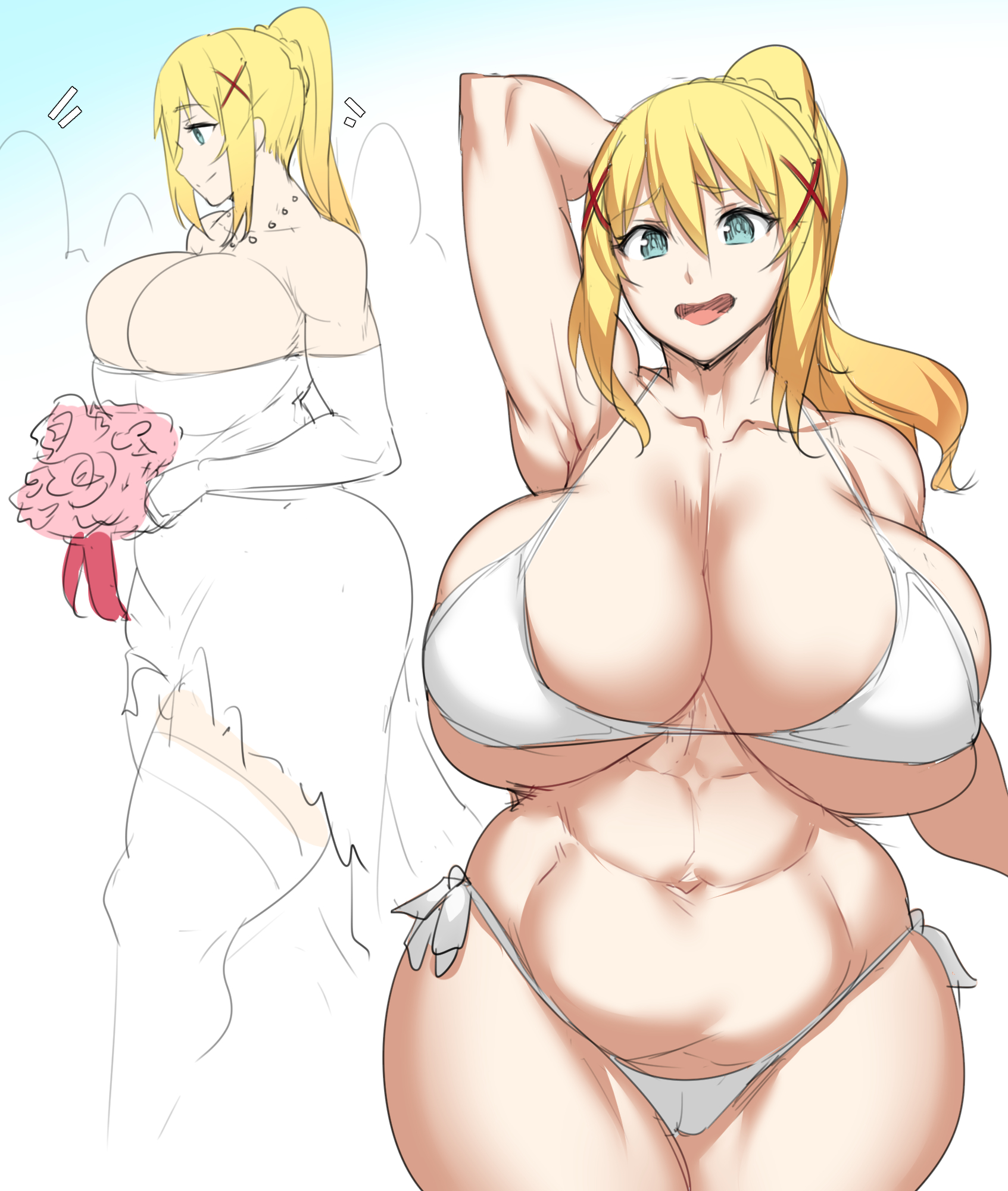 abs, breast press, breasts, bridal veil, bride, bursting breasts, darkness (konosuba), elbow gloves, female, female only, huge breasts, kono subarashii sekai ni shukufuku wo!, muscular, muscular female, natedecock, thick thighs, thighhighs, venus body, voluptuous