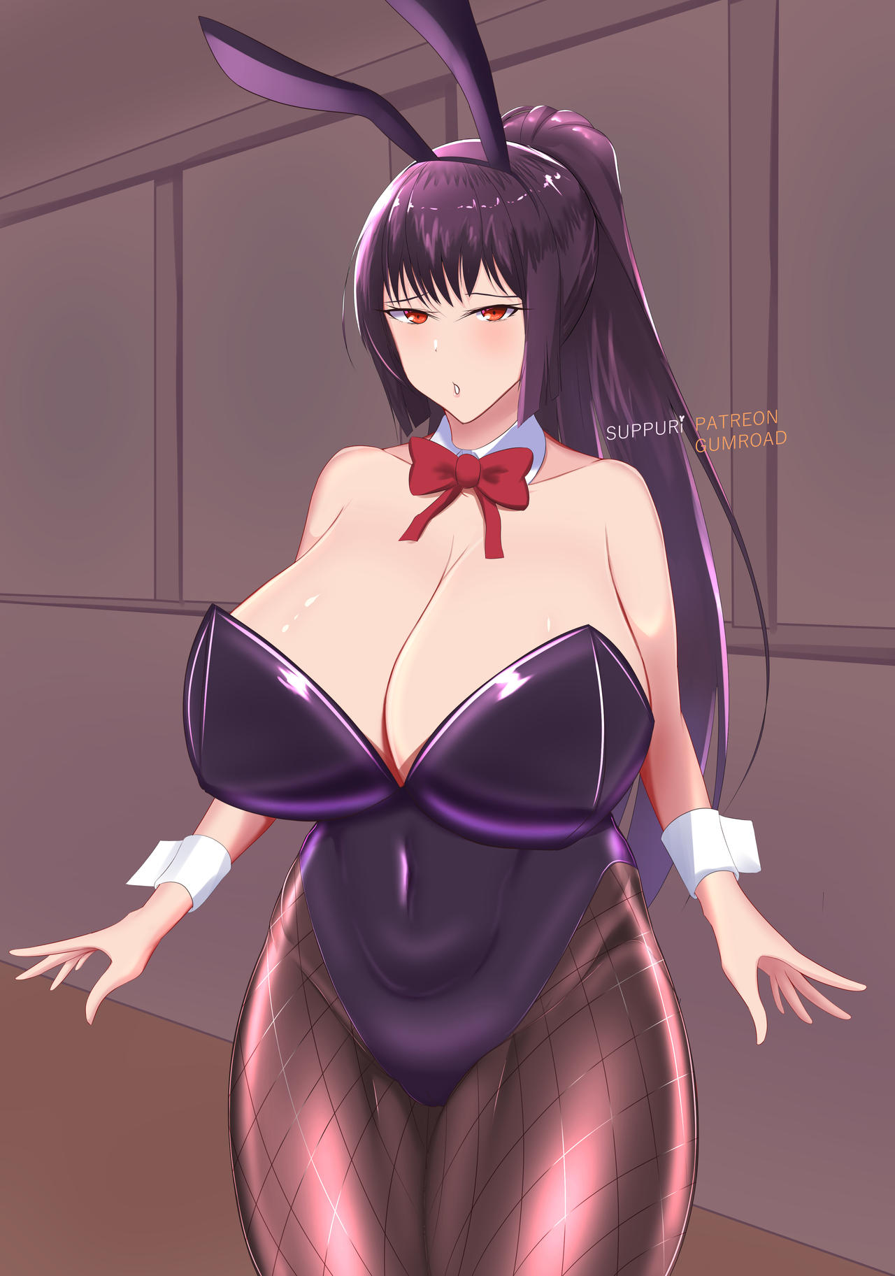 1girls, big breasts, black hair, breasts, bunny ears, cleavage, clothed, clothing, female, female focus, female only, hi res, lingerie, long hair, open mouth, please don't bully me, nagatoro, pose, president (nagatoro), purple hair, red eyes, revealing clothes, sana sunomiya, simple background, solo, suppuri, watermark, wide hips