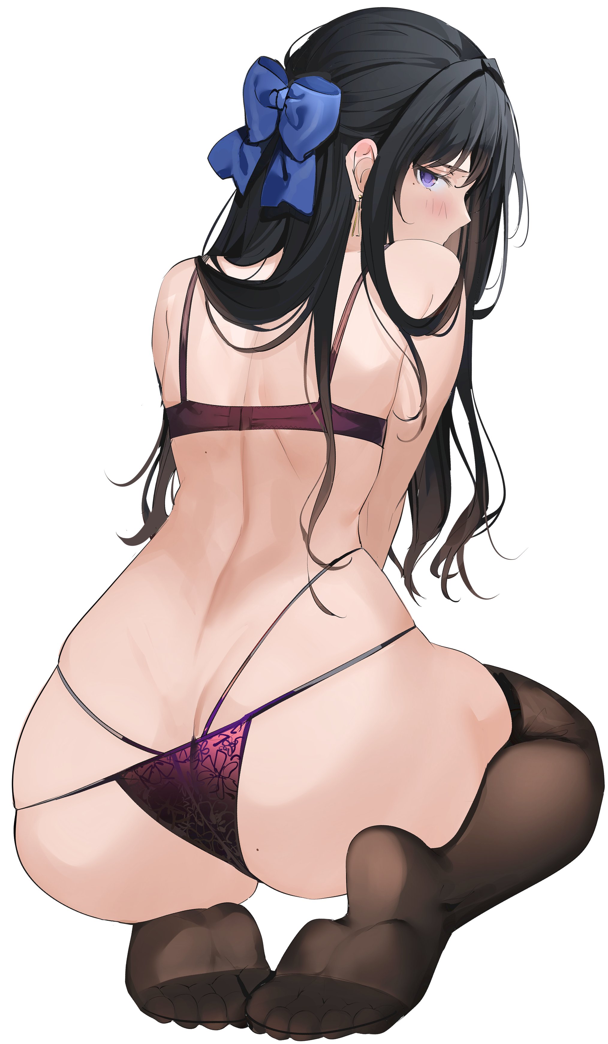 absurdres, ass, back, bangs, black hair, blush, bow, bra, female, from behind, hairbow, highres, long hair, looking at viewer, looking back, mole, mole under eye, original, panties, purple bra, purple eyes, purple panties, sidelocks, skindentation, solo, string panties, thighhighs, thighs, underwear, xretakex