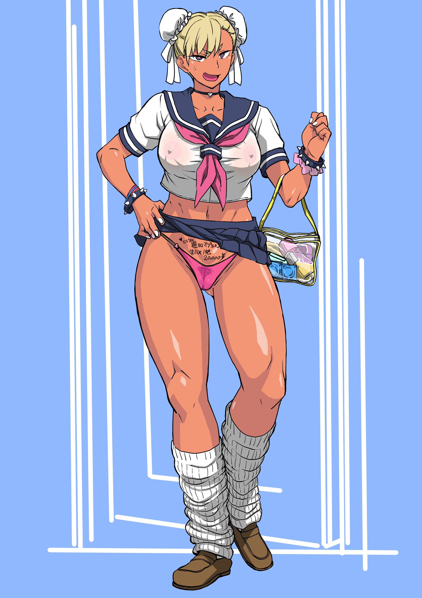 1girls, body writing, breasts, busty, capcom, chun-li, come hither, female, female focus, gyaru, hourglass figure, loose socks, makinaru, nipples visible through clothing, no bra, panties, pokies, presenting, presenting panties, prostitution, pubes, pubic hair, school uniform, schoolgirl, self exposure, skirt lift, street fighter, tagme, tan, translation request, wide hips