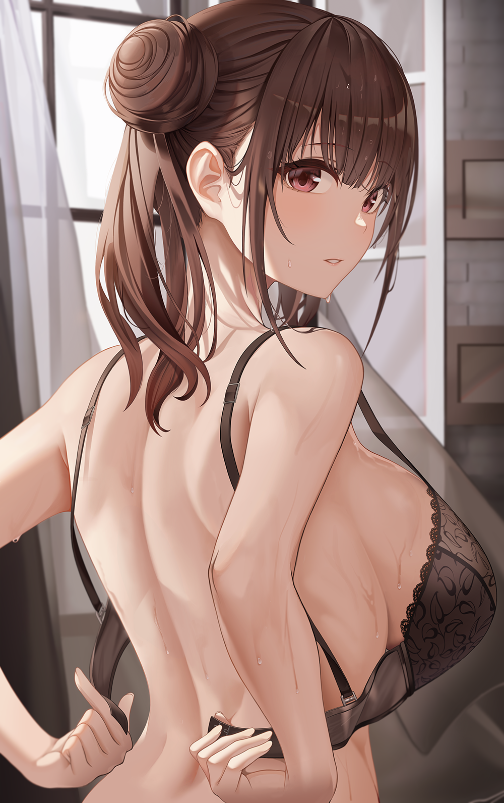 asato_mai back bra breasts brown_hair curtains embroidered_bra frilled_bra frills from_behind hair_bun highres idolmaster idolmaster_shiny_colors indoors large_breasts removing_bra sonoda_chiyoko underwear undressing wet