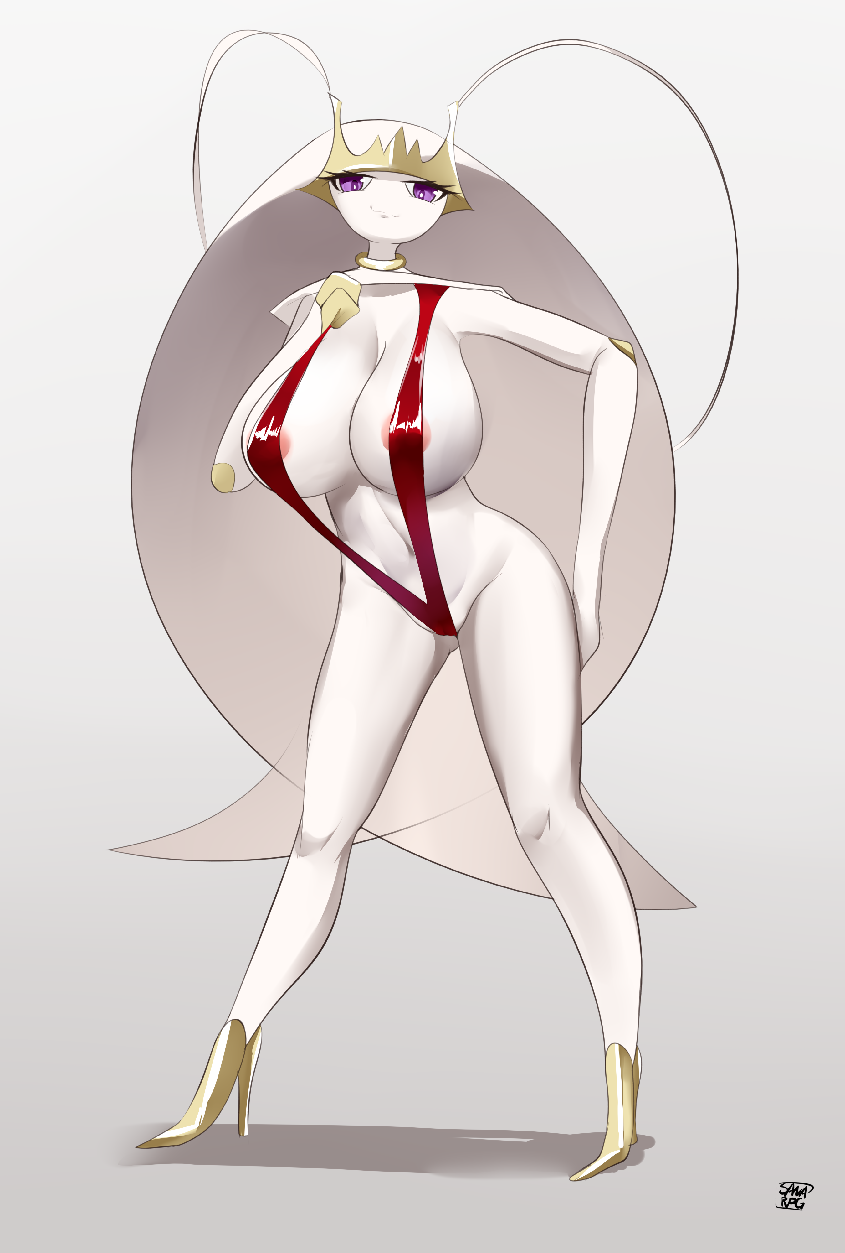 anthro, big breasts, bikini, breasts, bug, female, high heels, large hair, nintendo, pheromosa, pokémon (species), pokemon, pokemon (species), pokemon sm, pokemon usm, red bikini, sana!rpg, sling bikini, ultra beast, white skin