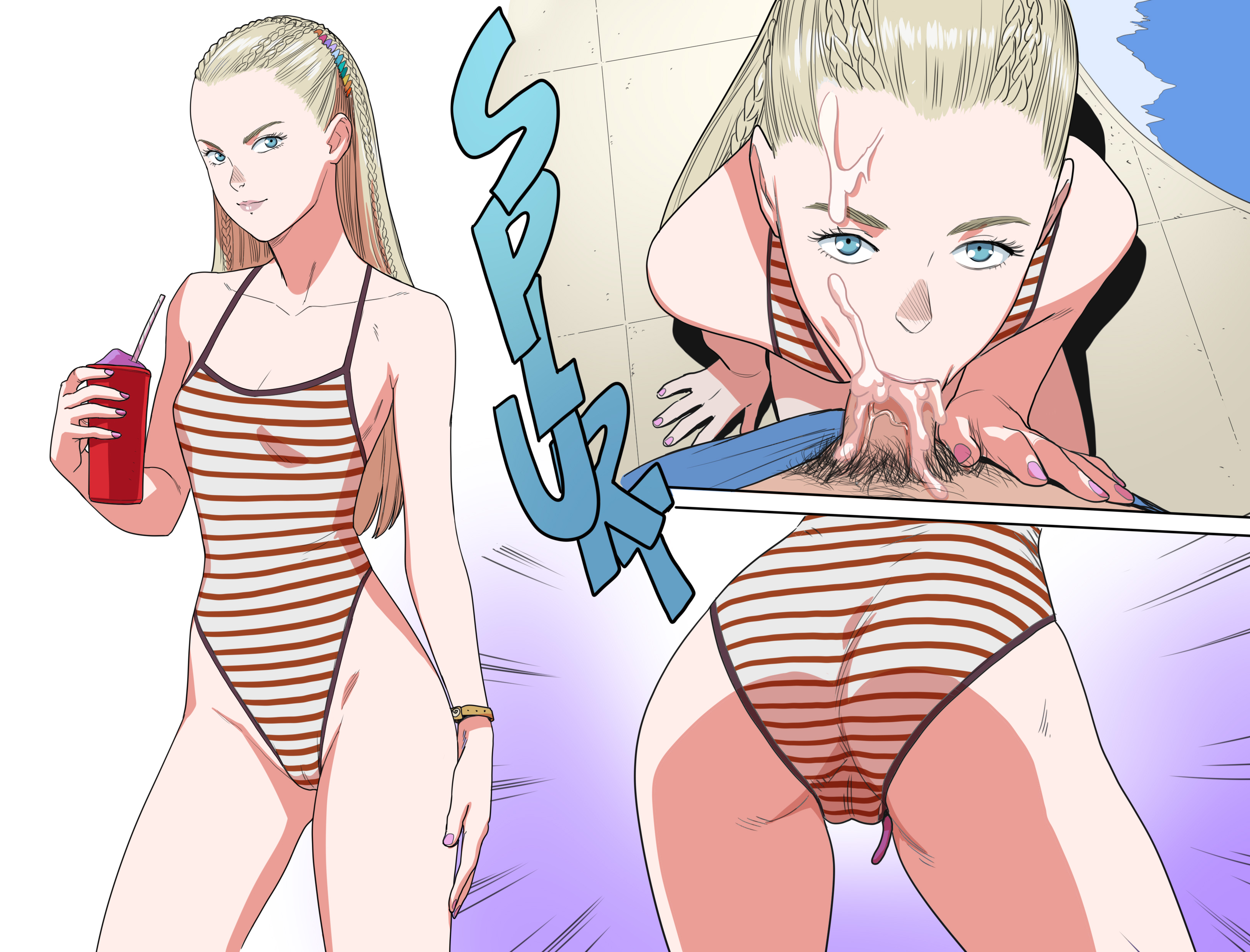 1boy, 1girls, age difference, ass, blonde hair, blowjob, blue eyes, breasts, cameltoe, clothed female, clothed sex, cum, cum in mouth, cum in throat, cum inside, cum on face, cumshot, cute, deepthroat, dominant female, eye contact, female, jessica (tekuho), kneeling, looking at viewer, male, nail polish, one-piece swimsuit, oral, original, pale skin, penis, petite, poolside, pov, pussy, skinny, slim, small ass, small breasts, stripes, swimming pool, swimsuit, teenager, tekuho
