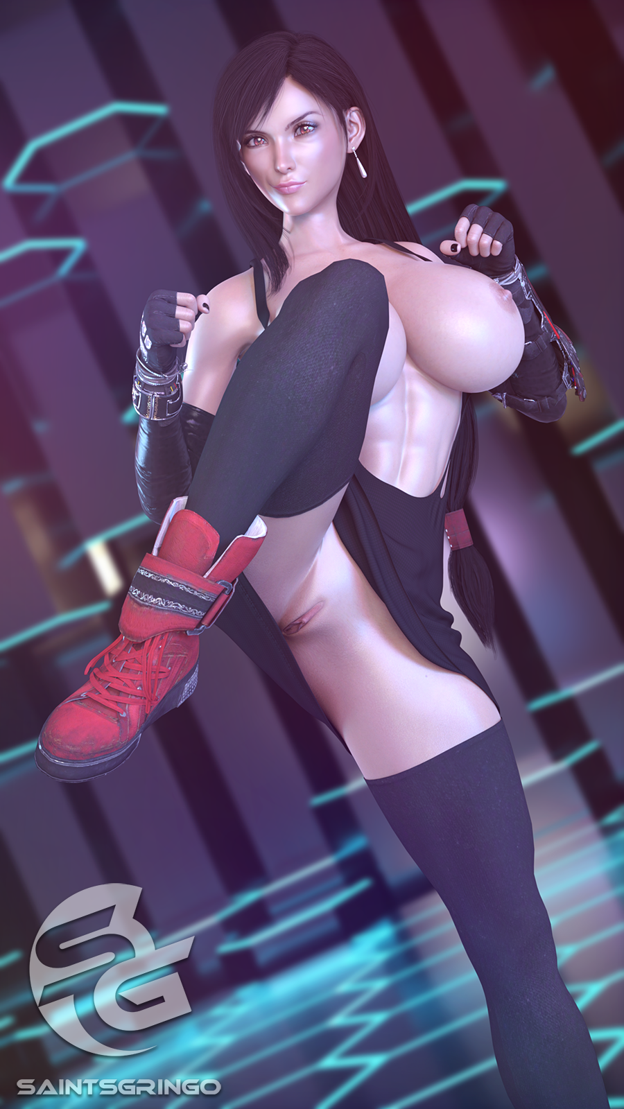 3d big_breasts black_hair breasts busty female female_focus female_only final_fantasy final_fantasy_vii hourglass_figure long_hair navel pose posing saintsgringo solo tifa_lockhart wide_hips