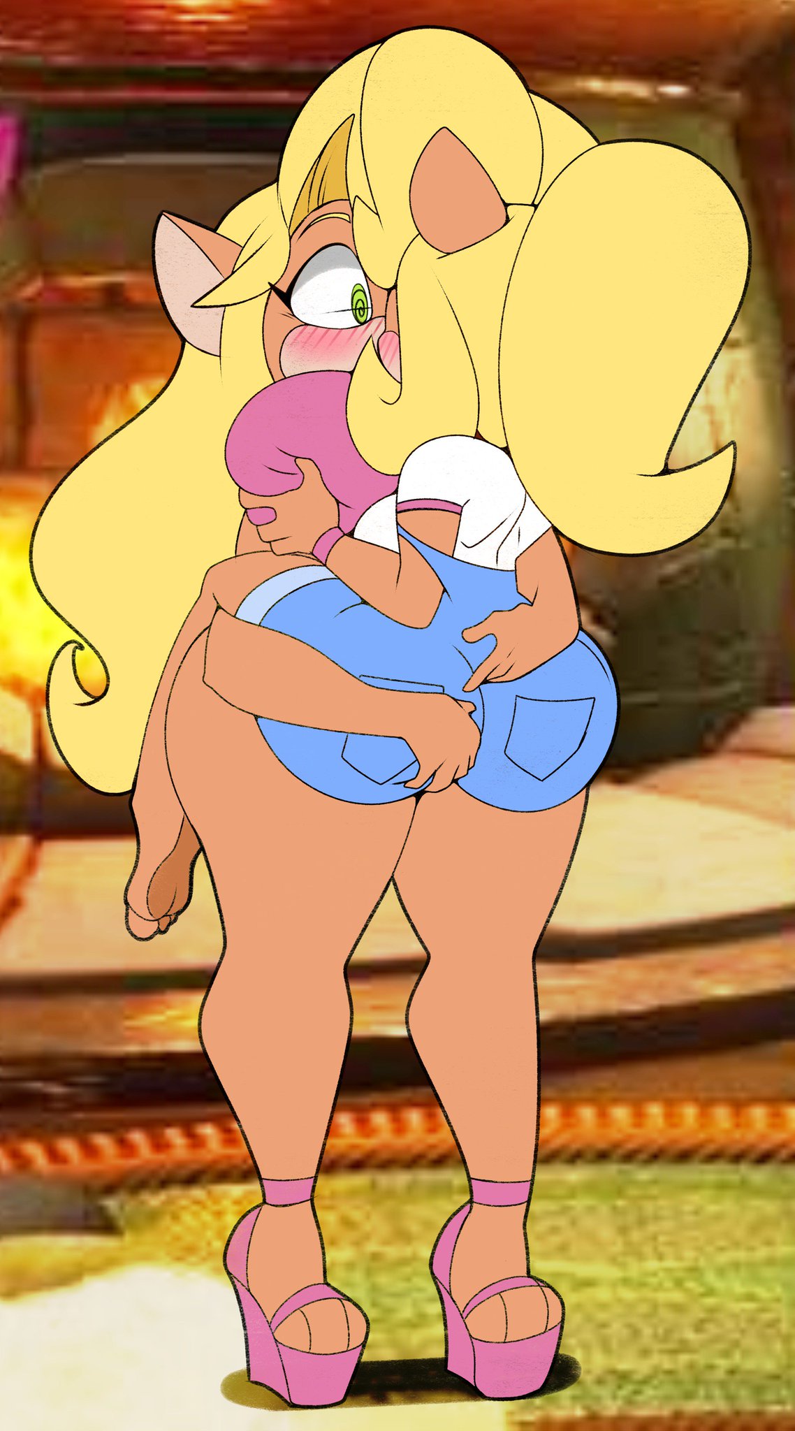 2girls, activision, anthro, ass, barefoot, big ass, big breasts, blonde hair, blush, breasts, coco bandicoot, crash (series), dongitos, feet, female, furry, grabbing, grope, groping, high heels, hips, kissing, large ass, large breasts, legs, overalls, size difference, squished breasts, surprised, tawna bandicoot, thick thighs, thighs, wide hips, yuri