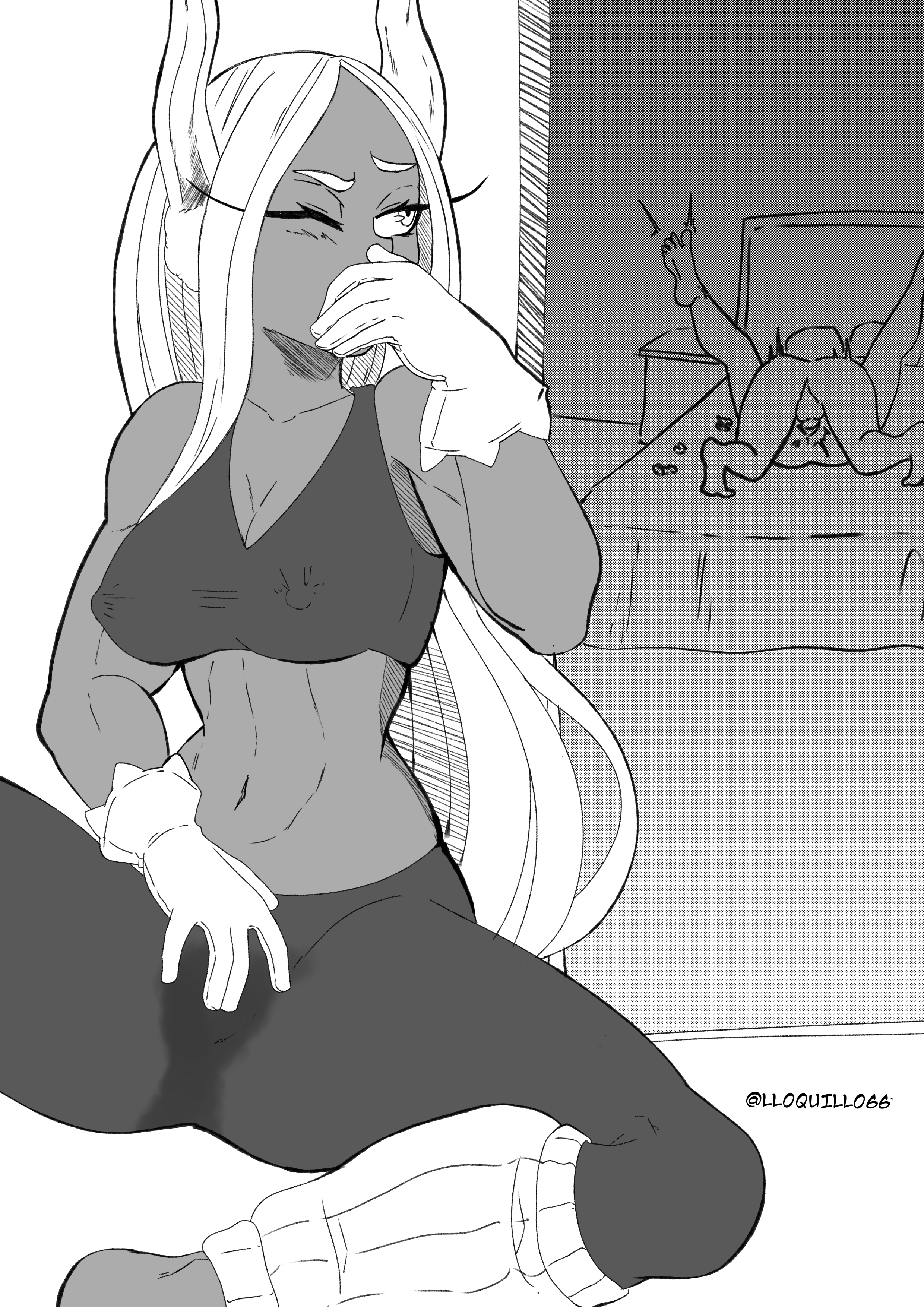 1boy, 2girls, against wall, animal ears, artist name, bare shoulders, barefoot, bed, being watched, bunny ears, clothed masturbation, clothing, condoms, covering mouth, dark skin, dark-skinned female, duo, erect nipples, erect nipples under clothes, feet, female, female focus, female masturbation, fur, genital fluids, gloves, hand on mouth, hiding, high resolution, horny, leg warmers, leggings, legs up, long eyelashes, long hair, loquillo, lying, lying on back, lying on bed, lying on person, male, masturbation, masturbation through clothing, midriff, miruko, missionary, missionary position, monochrome, muscular, muscular male, my hero academia, nipples, no shoes, on bed, one eye closed, pussy, rabbit girl, rubbing, rubbing pussy, rumi usagiyama, sex, sitting, sleeveless, soles, sports bra, spread legs, stealth, stealth masturbation, text, toes, used condom, very long hair, voyeur, voyeurism, watching, web address, wet, wet clothes, wet pussy, white fur, white hair