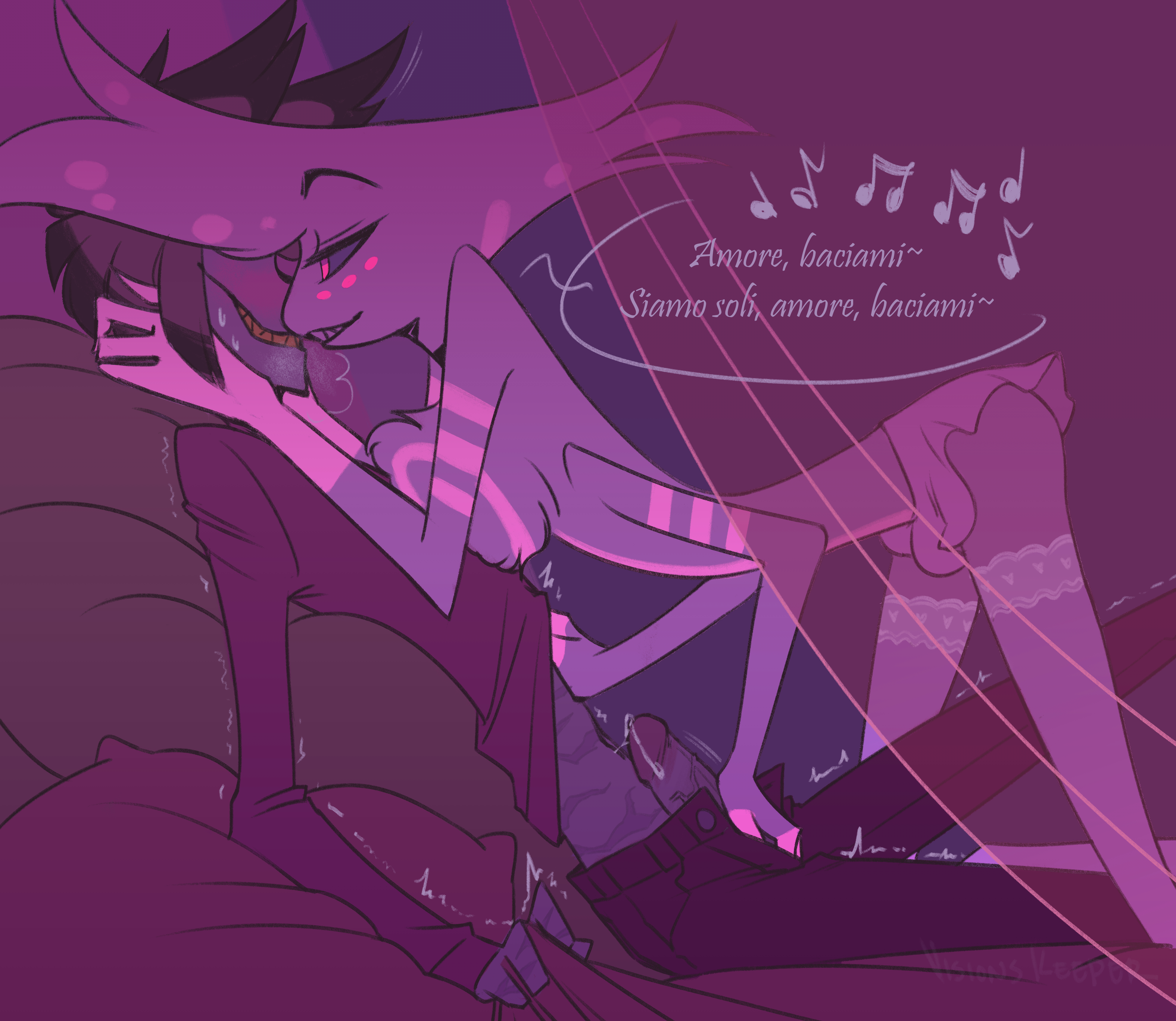 2boys, alastor (hazbin hotel), angel dust (hazbin hotel), ass, blush, bulge, chest tuft, choker, clothed, deer, demon, erect penis, erection, gay, gripping, hands on face, hazbin hotel, horny, looking pleasured, male, male only, male/male, mostly nude, on bed, penis, precum, precum drip, psychicpains, sharp teeth, shirt, shirt lift, skirt, smile, speech bubble, spider, text, thighhighs, thighs, unzipped, veiny penis, yaoi