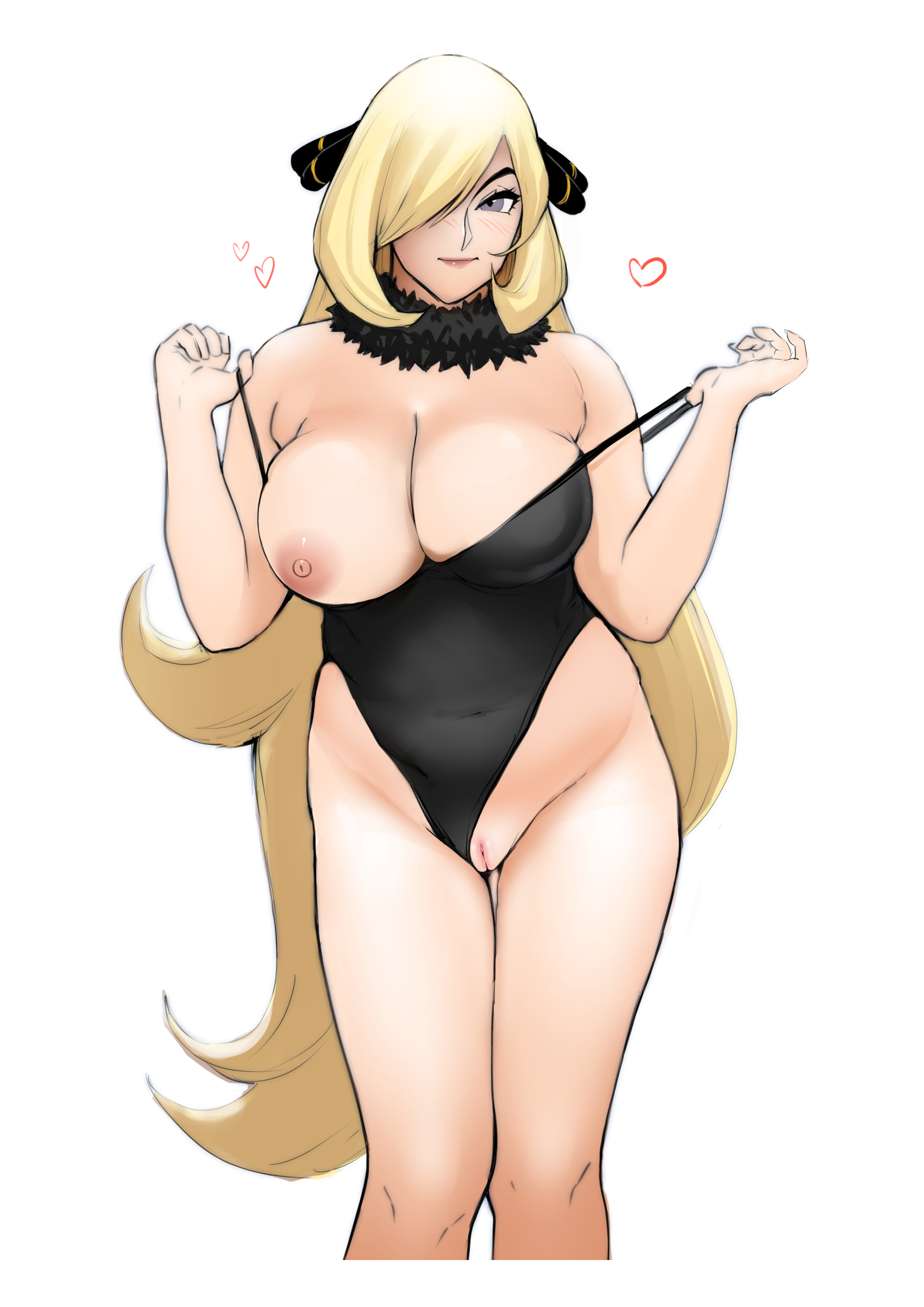 absurdres, alternate breast size, areolae, bare hips, black ribbon, black swimsuit, blonde hair, blush, breasts, casual one-piece swimsuit, chubby, cleavage, closed mouth, collarbone, creatures (company), cynthia (pokemon), female, game freak, groin, hair ornament, hair over one eye, highleg, highleg swimsuit, highres, innie pussy, jonbear (artist), large breasts, latex, long hair, looking at viewer, nintendo, nipples, one-piece swimsuit, pokemon, pokemon (game), pokemon dppt, pussy, ribbon, smile, solo, swimsuit, very long hair