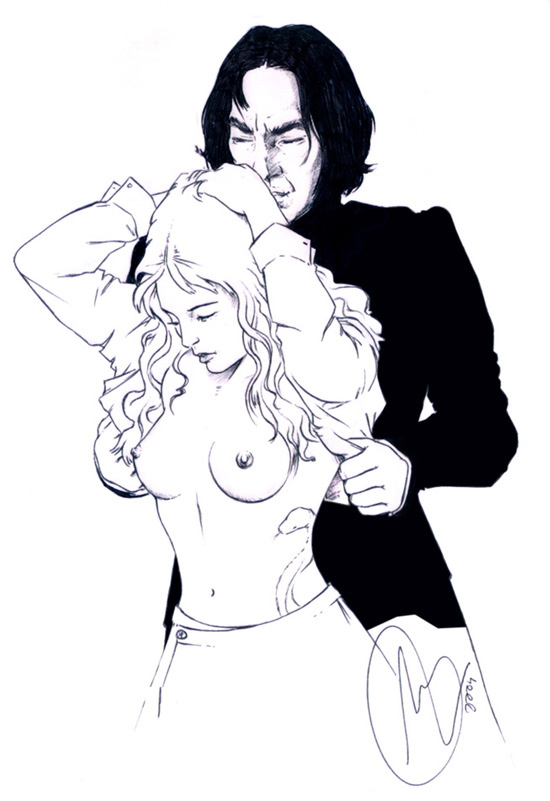 arms_up closed_eyes harry_potter hermione_granger medium_breasts monochrome nipples open_shirt severus_snape tagme